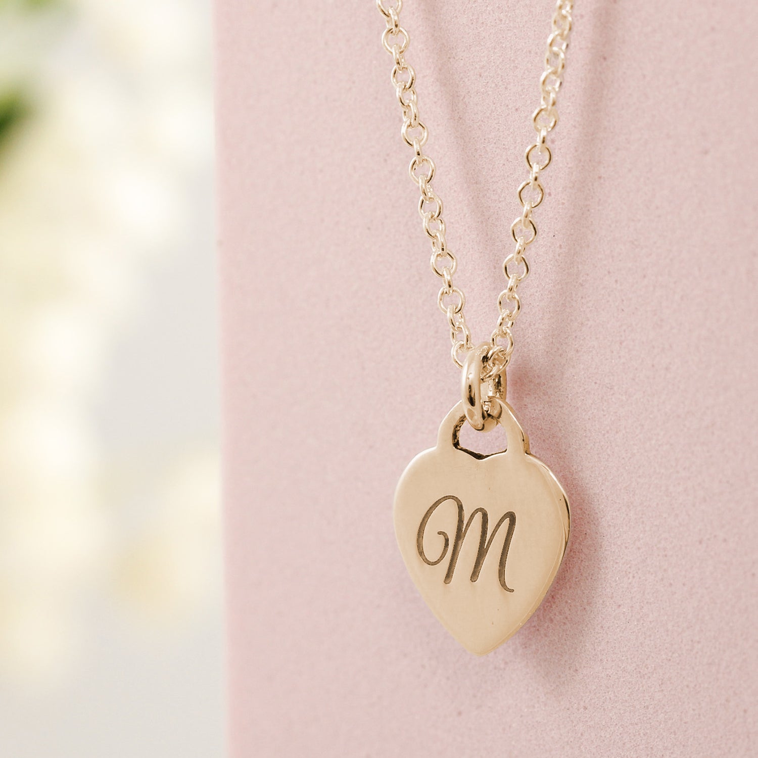 sterling silver tiny heart tag personalised necklace with initial and message rose gold plated