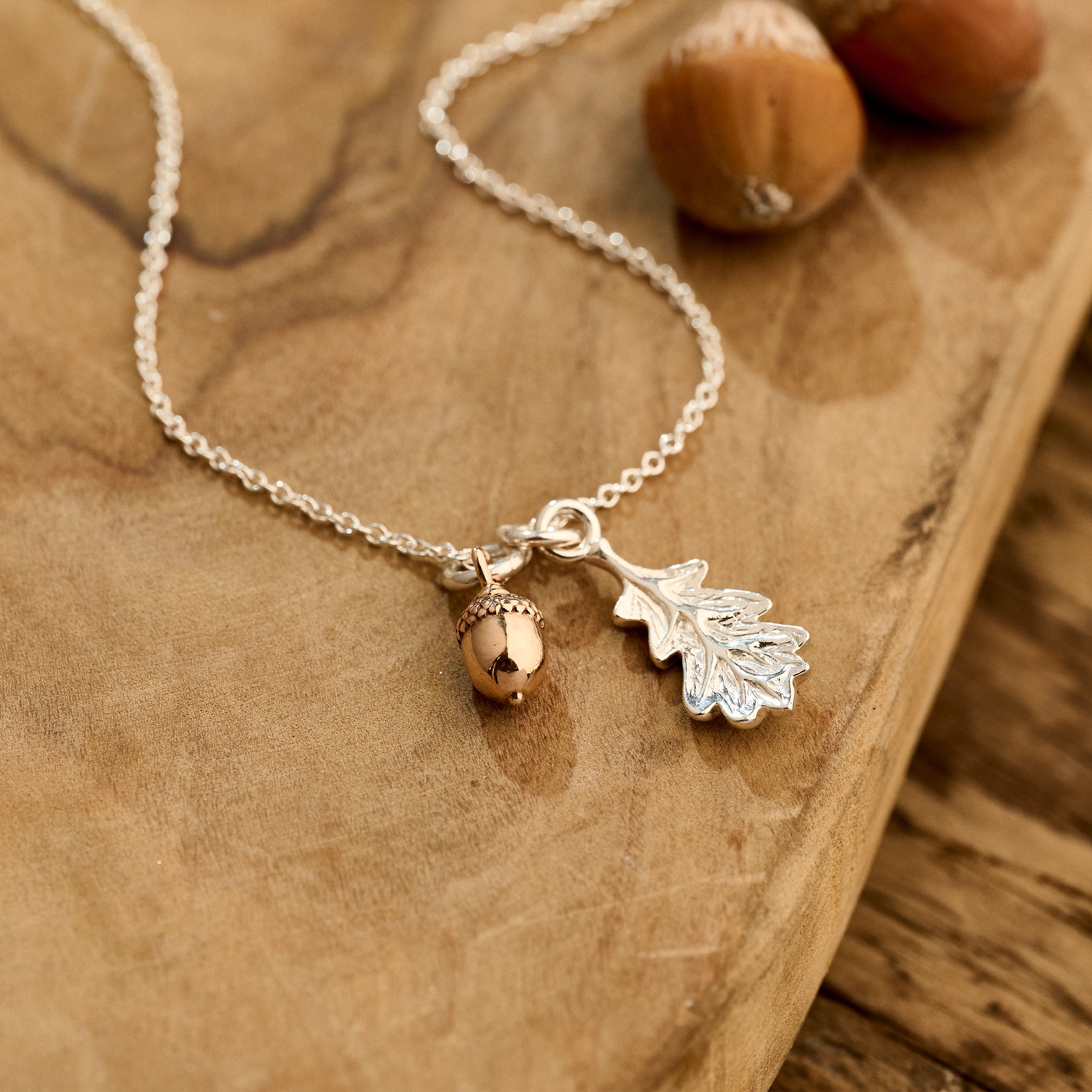 Little Acorn and oak leaf Solid Silver and Rose Gold Tiny Necklace Designer Scarlett Jewellery