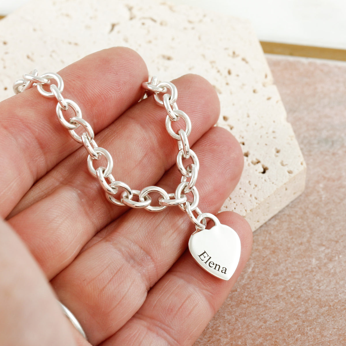 heart tag charm bracelet in solid sterling silver