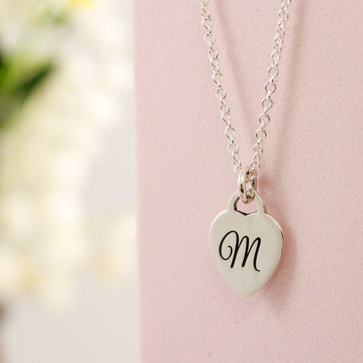 sterling silver tiny heart tag personalised necklace with initial and message