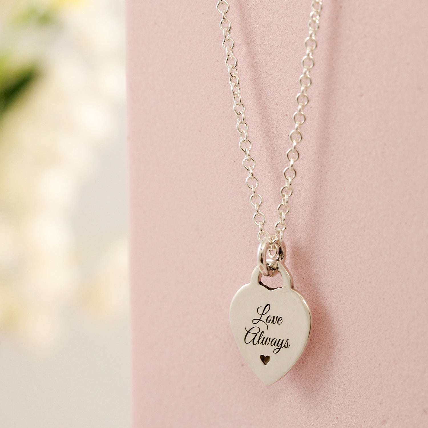 sterling silver tiny heart tag personalised necklace with engraved message