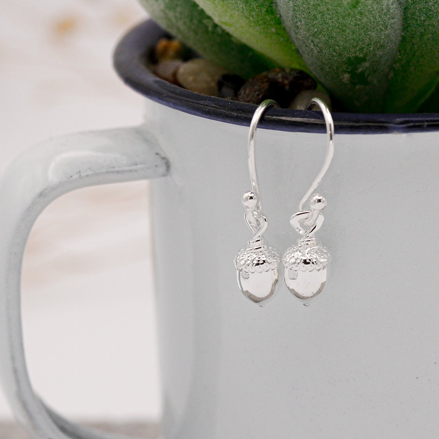 silver acorn hook drop earrings