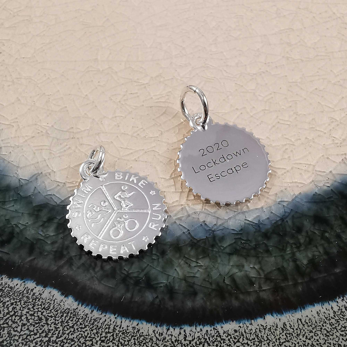 silver swim bike run triathlon charm