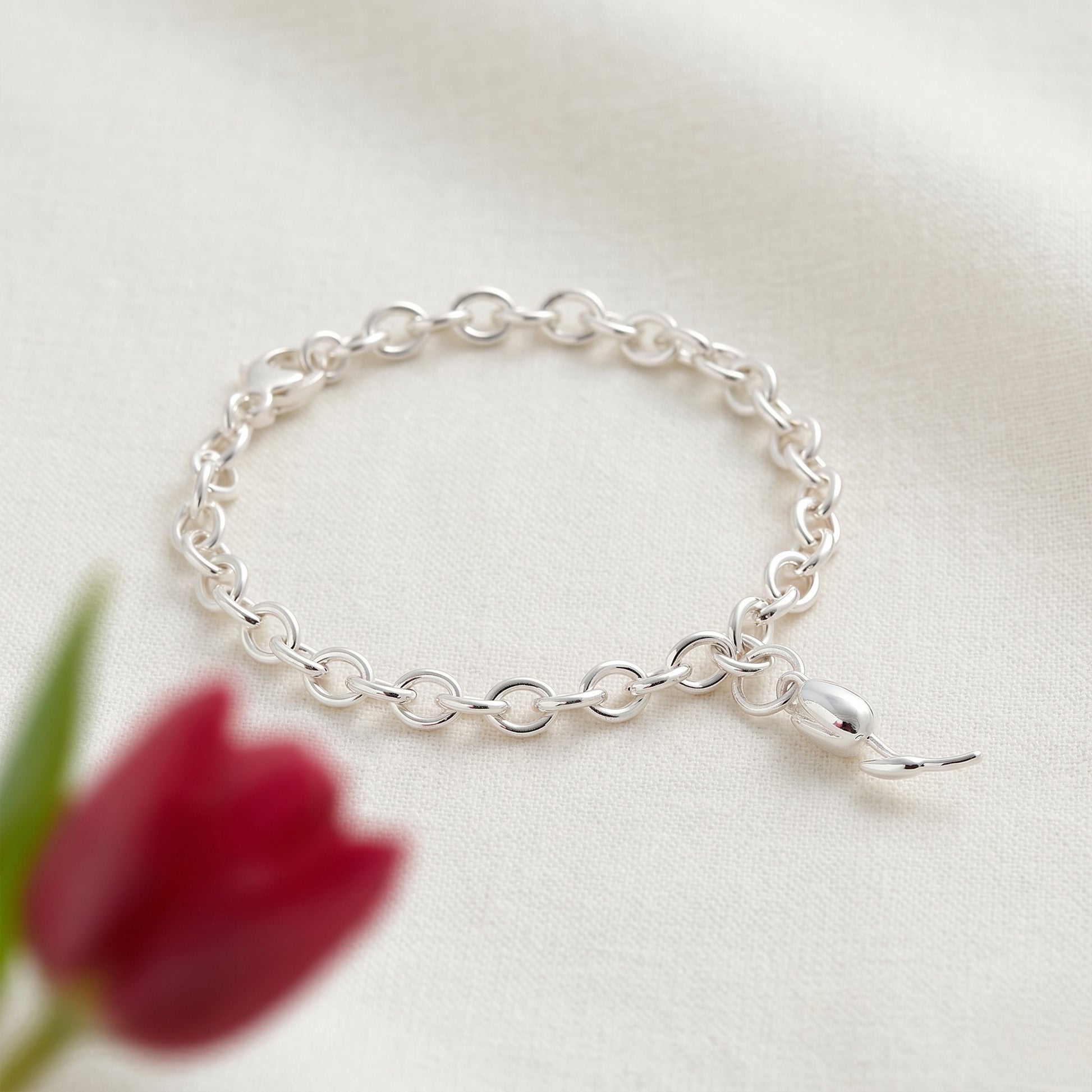 Silver chain bracelet on a light background with a blurred red tulip.