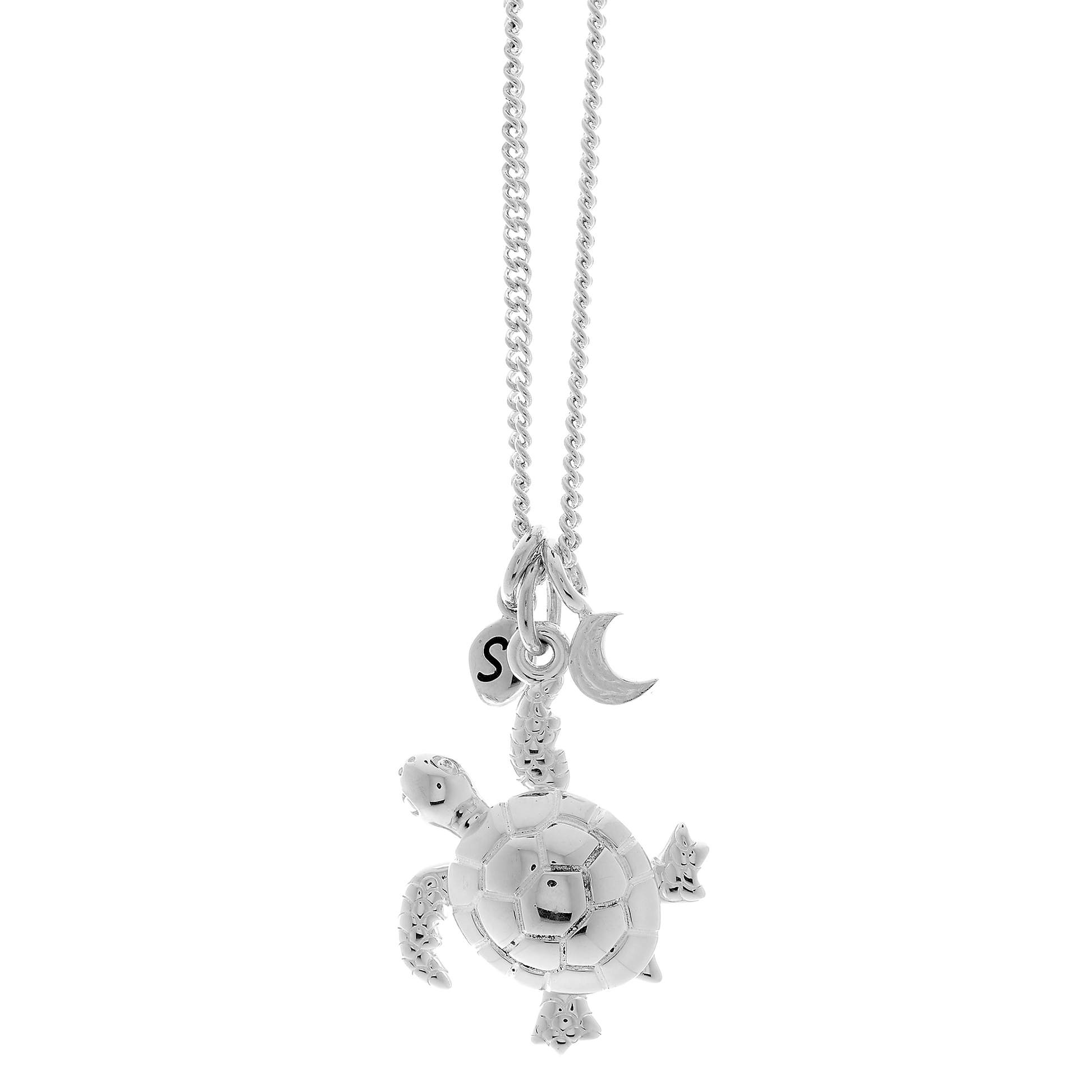 Silver turtle pendant necklace with 'S' engraved pebble and moon charm on a white background