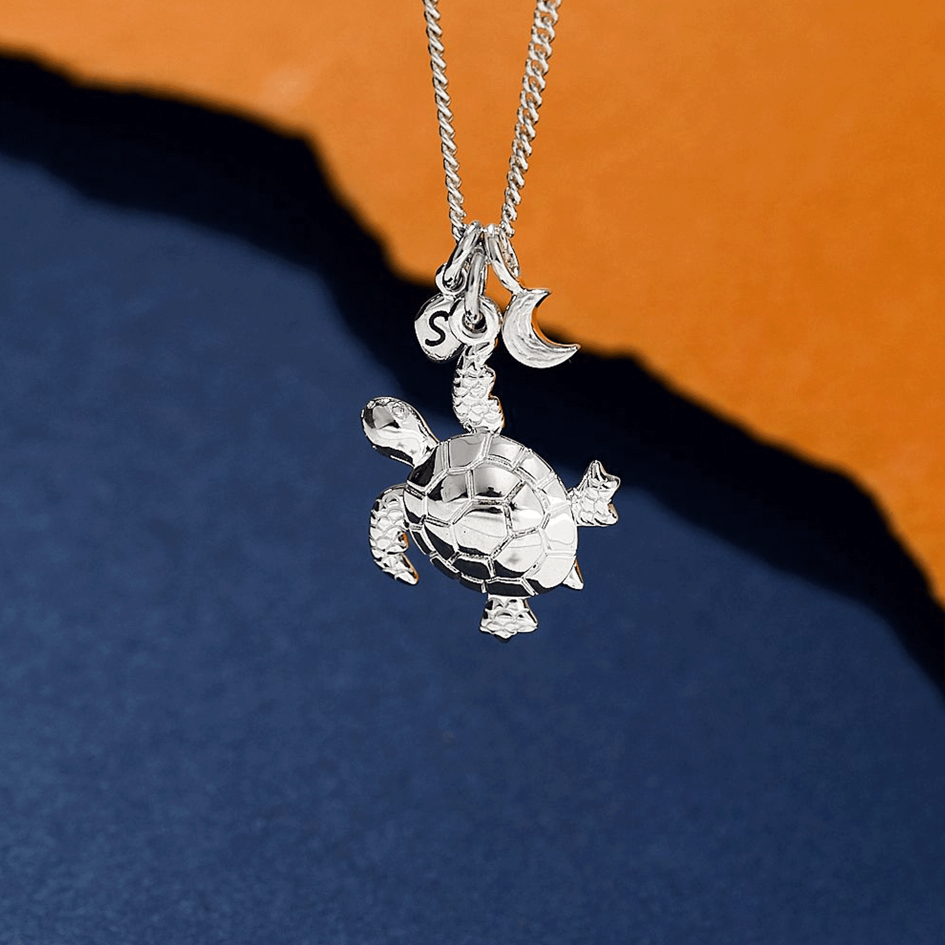 Silver turtle pendant necklace on a blue and orange gradient background