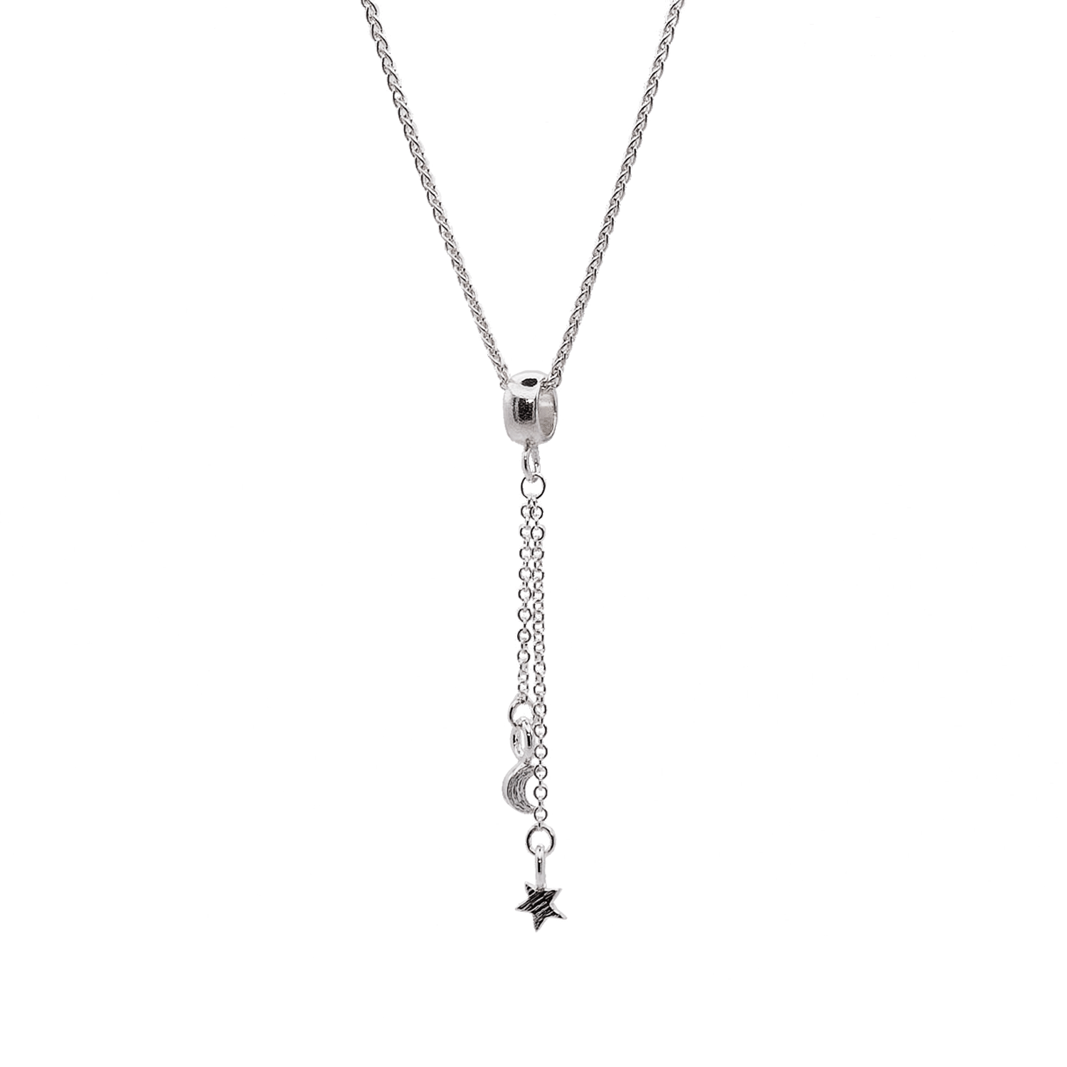 Silver necklace with star and moon pendants on a white background