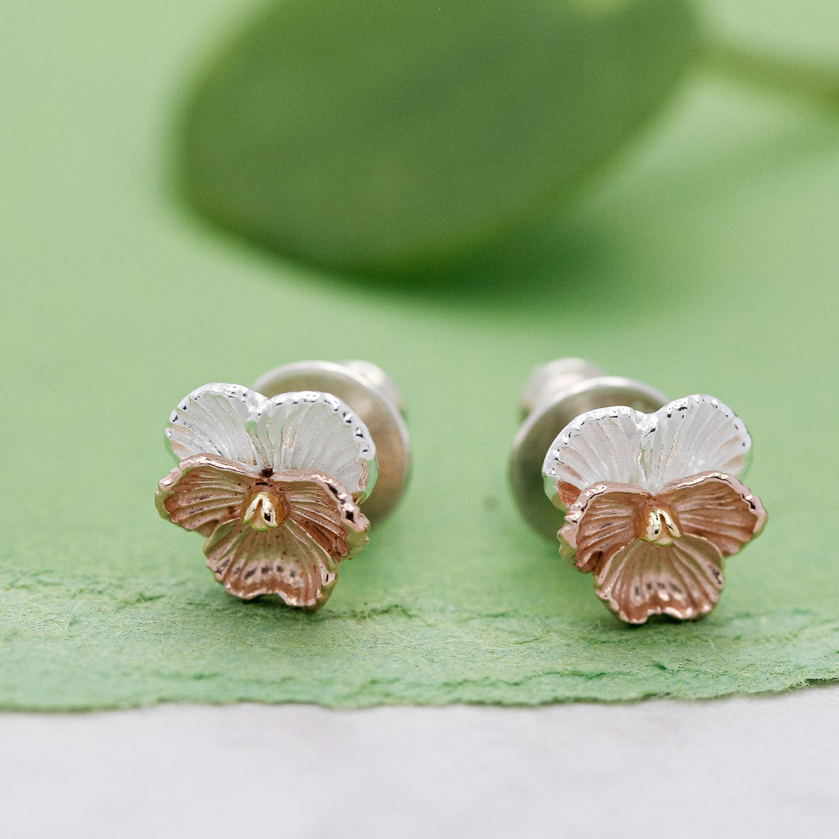 violet flower silver and rose gold stud earrings