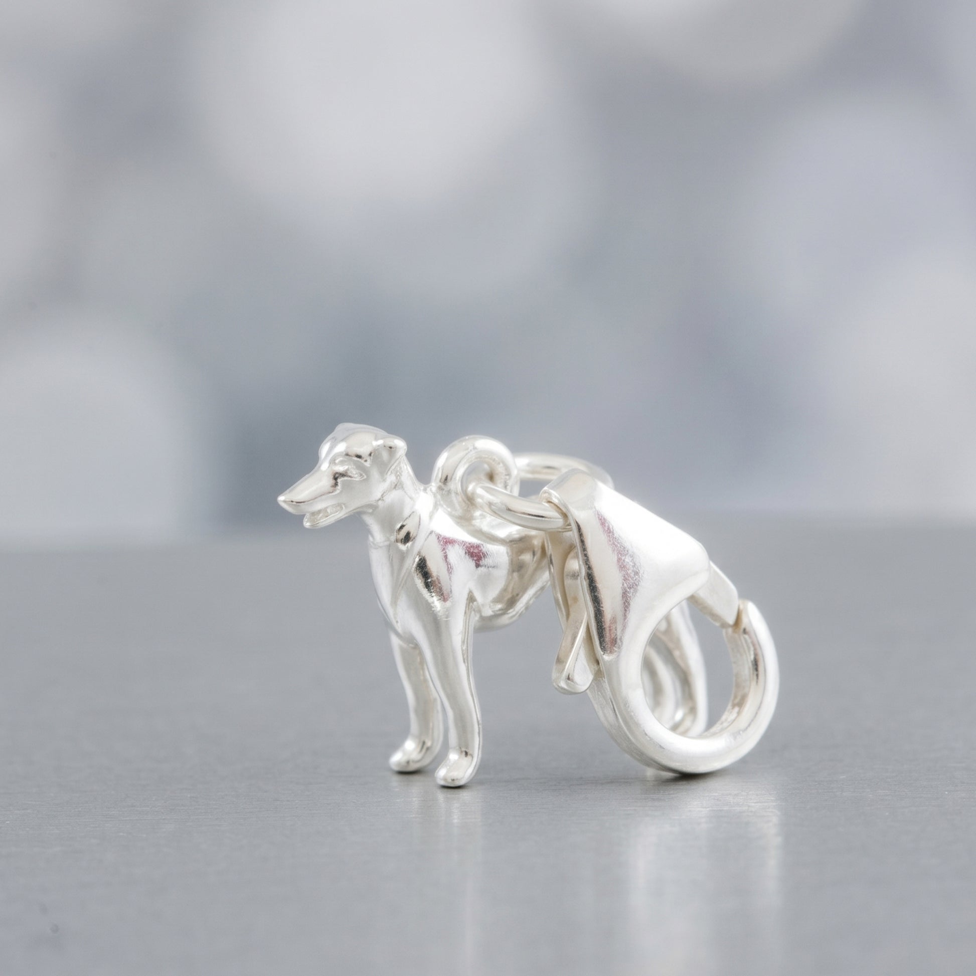 Silver dog charm on a reflective surface with a blurred background