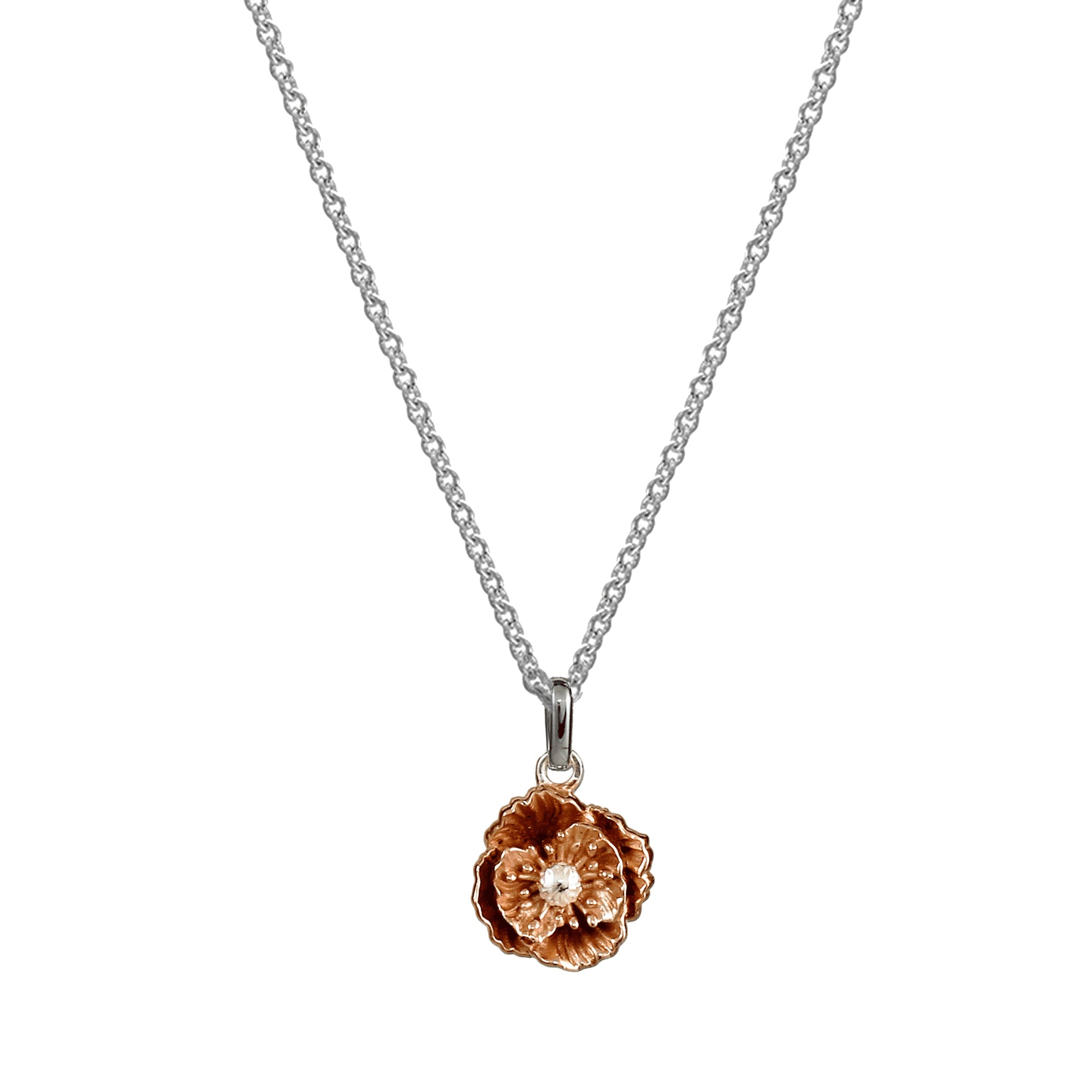 wild poppy silver and rose gold vermeil pendant Chelsea Flower Show