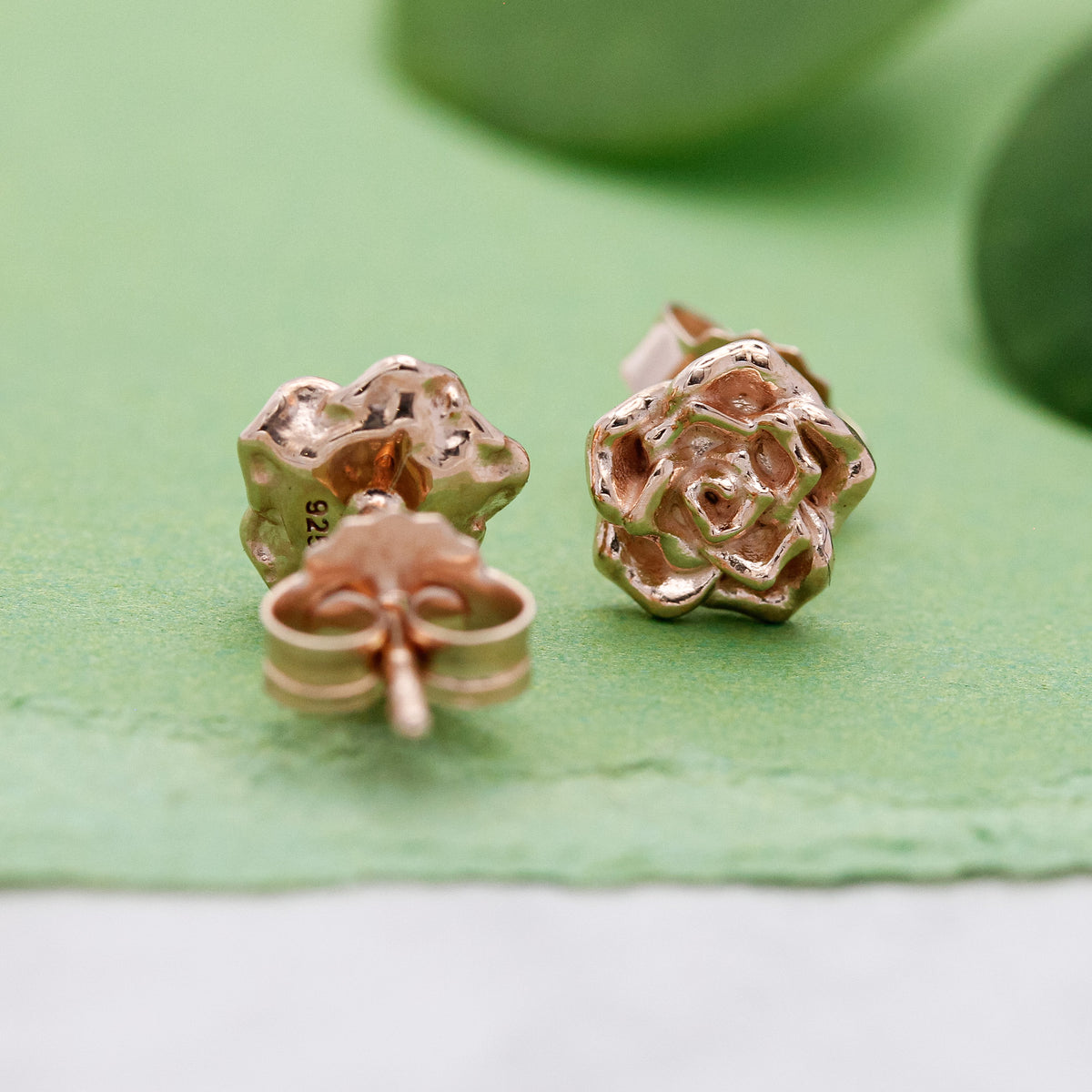 wild rose flower silver and rose gold stud vermeil earrings back detail