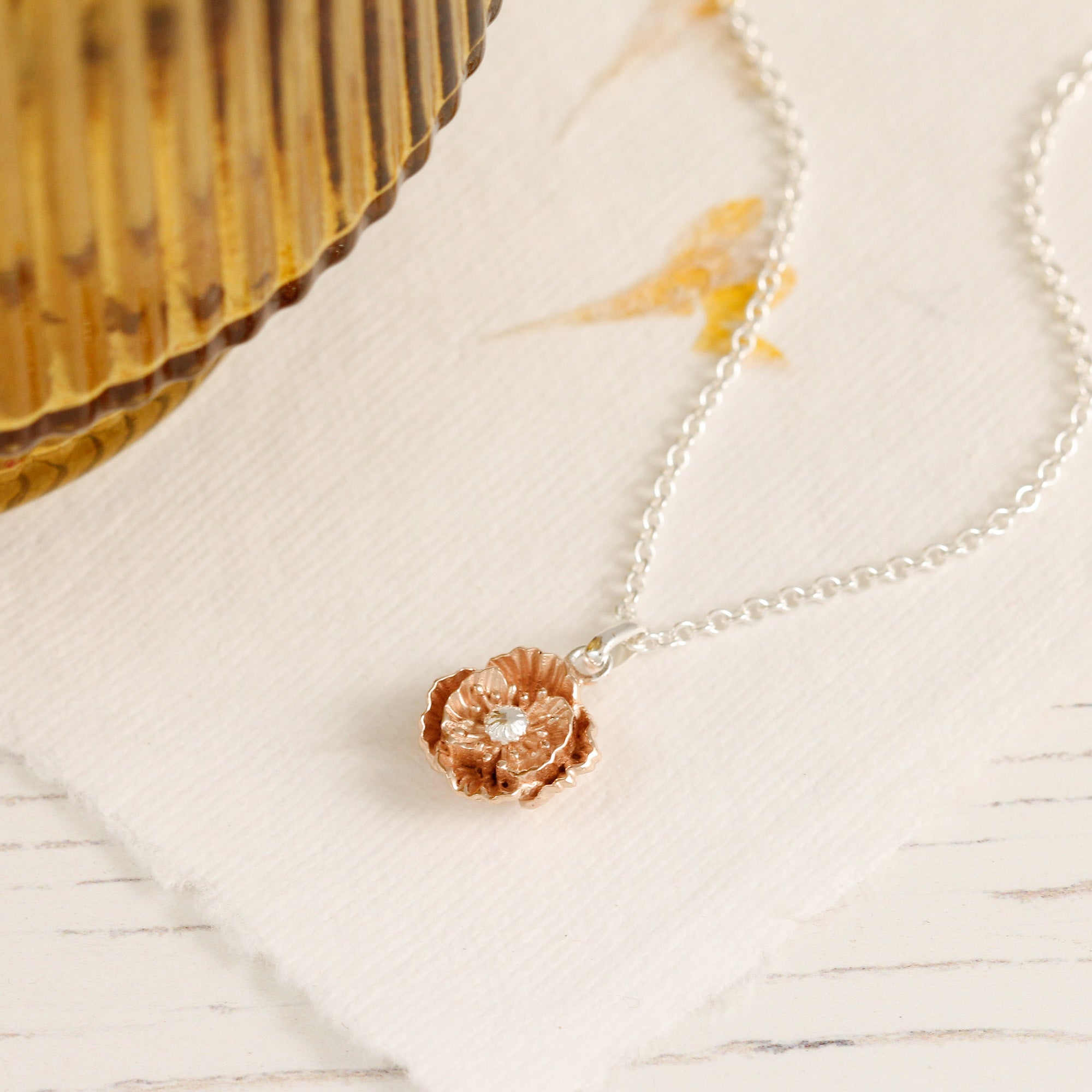 wild poppy silver and rose gold vermeil pendant Chelsea Flower Show