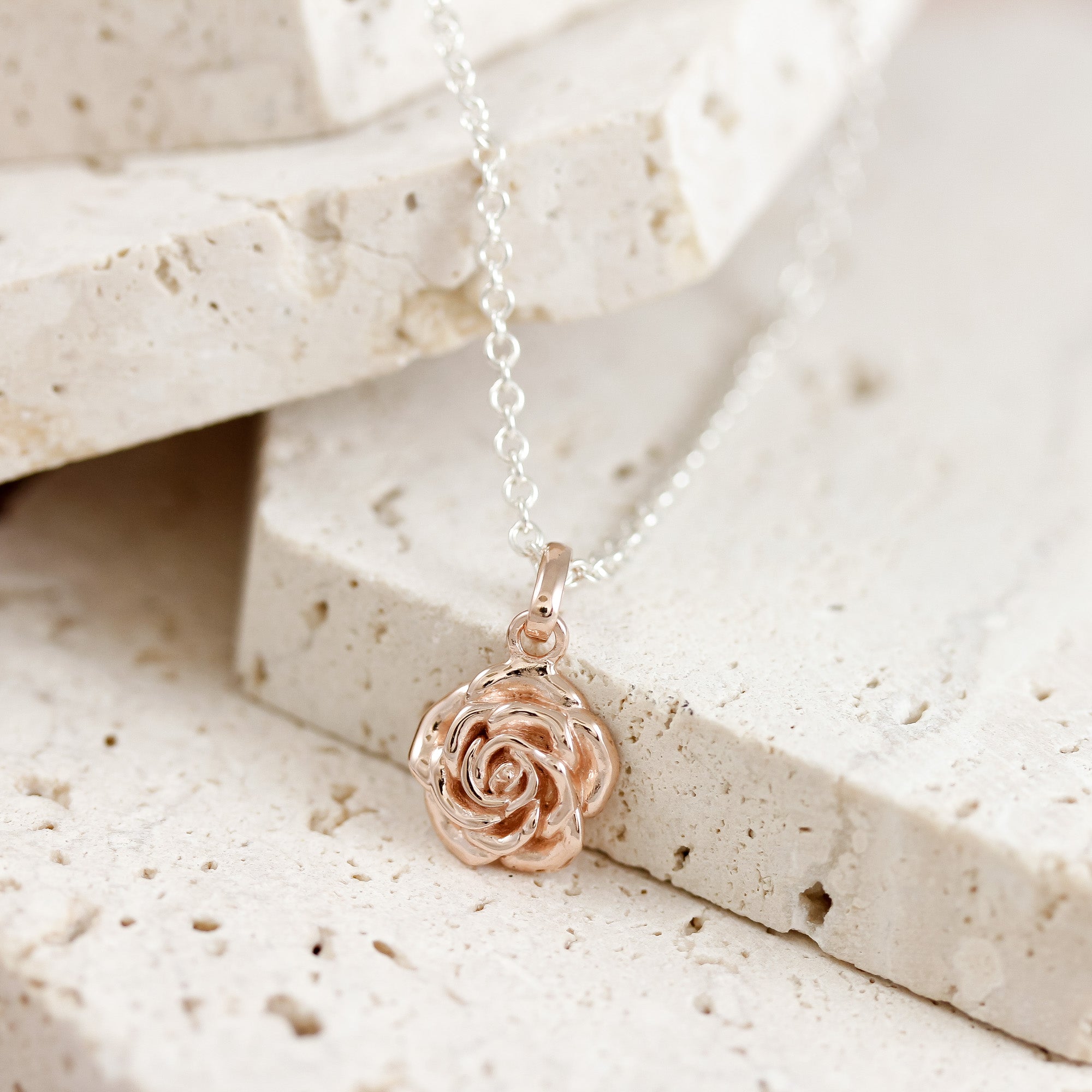wild rose gold vermeil flower pendant with silver chain