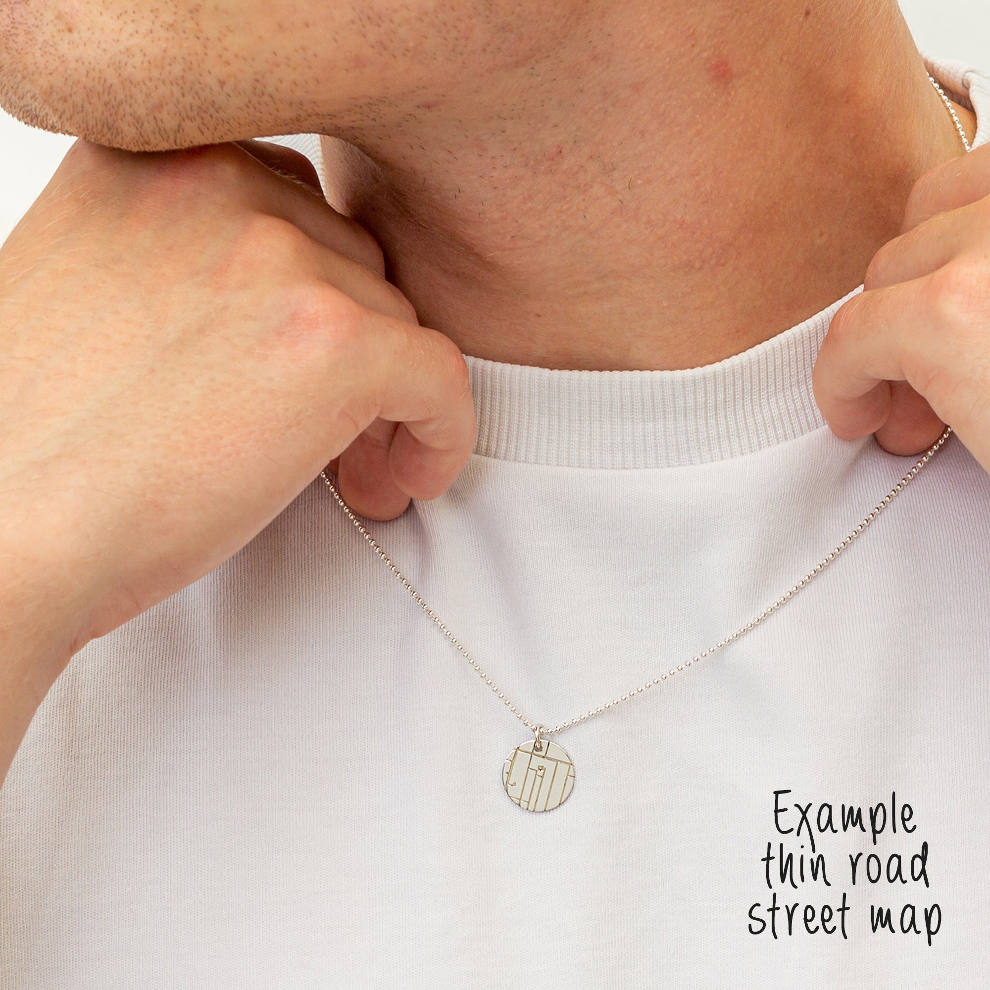 custom street map bespoke necklace engraved with location of home solid sterling silver off the map jewellery UK