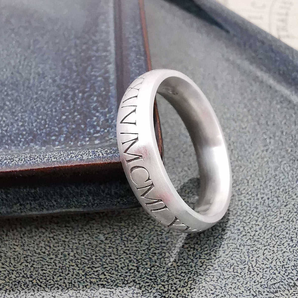 solid silver mens roman numerals silver ring engraved custom date birthday wedding day
