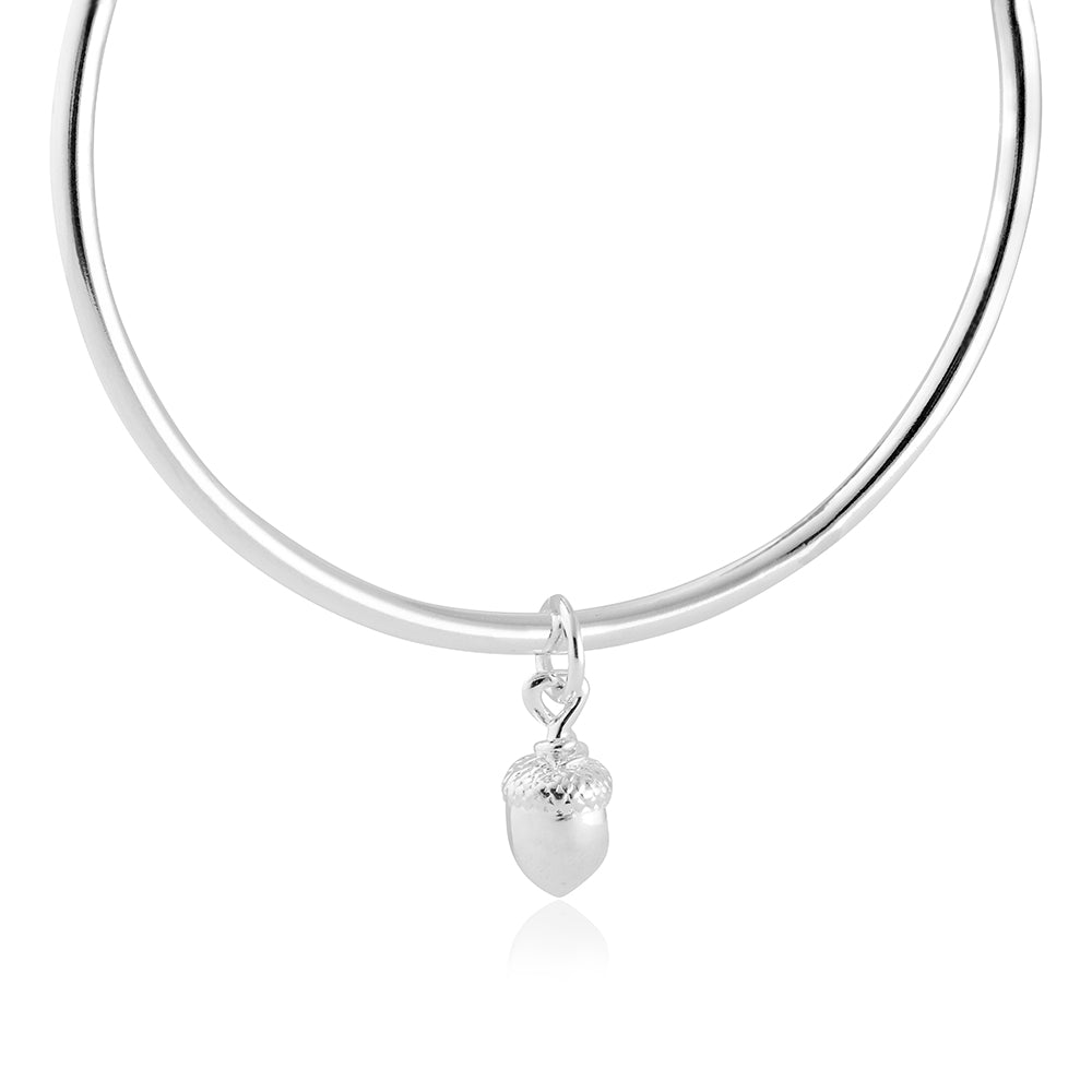 Solid Silver Acorn Charm Bangle - Nature-Inspired Jewellery