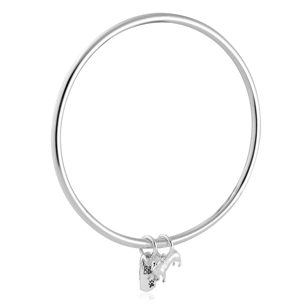 personalised sausage dog dachshund silver charm bangle sterling silver made in UK Scarlett Jewellery