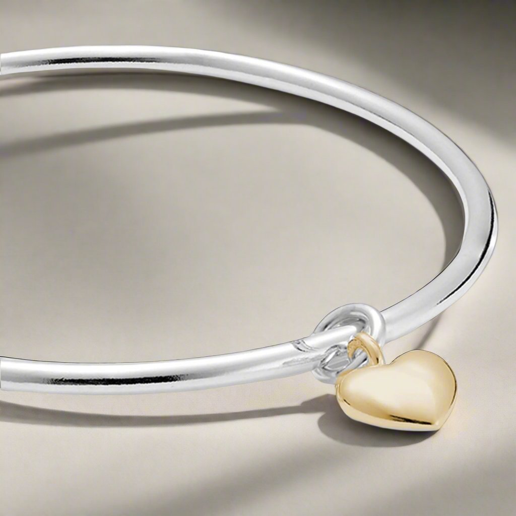 silver and solid 9ct gold heart charm bracelet bangle bracelet for women designer jewellery made in UK