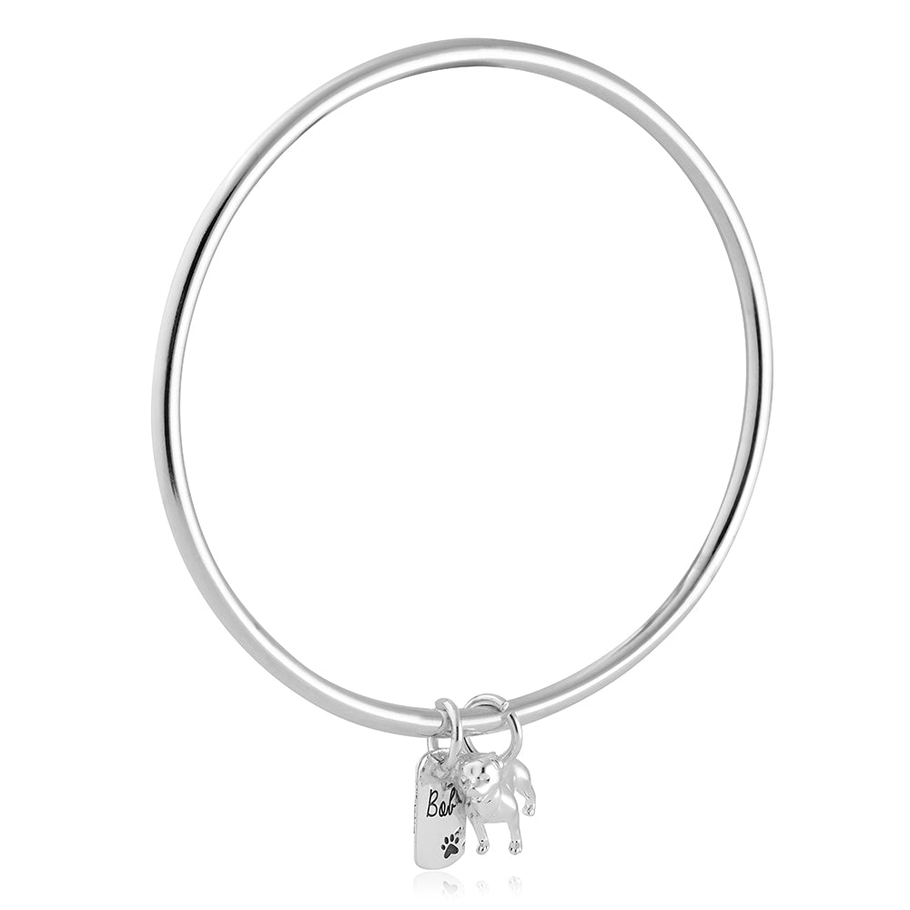 staffordshire bull terrier jewellery gift silver charm bangle with personalised engraved dog tag scarlett jewellery