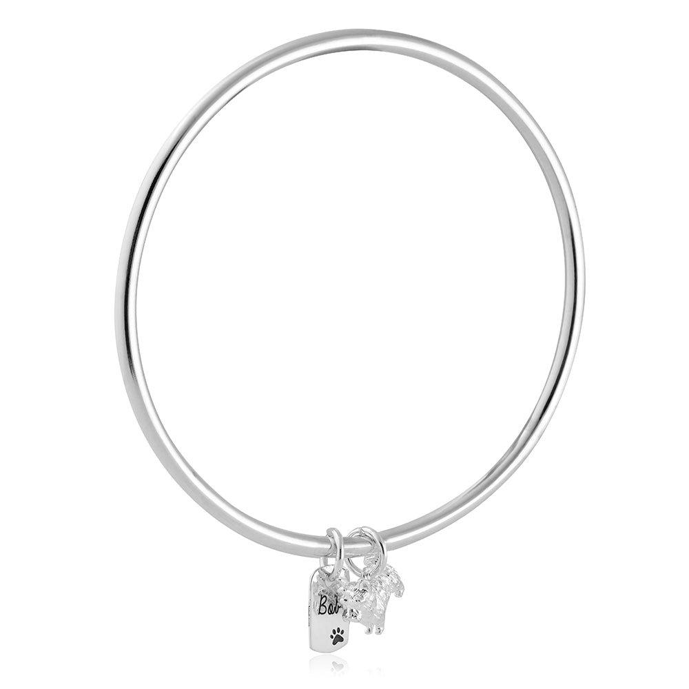 yorkshire terrier silver charm bangle with personalised engraved dog tag scarlett jewellery