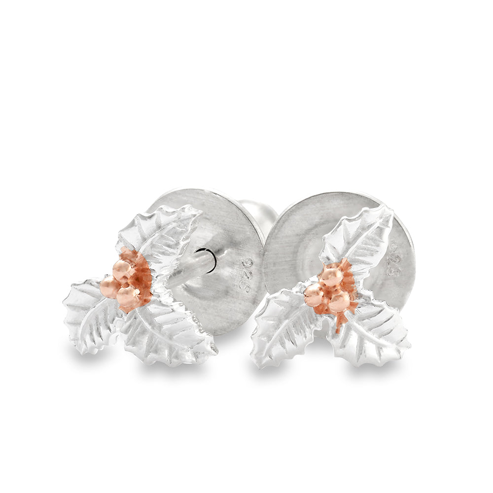Holly Leaf Silver &amp; Rose Gold Stud Earrings