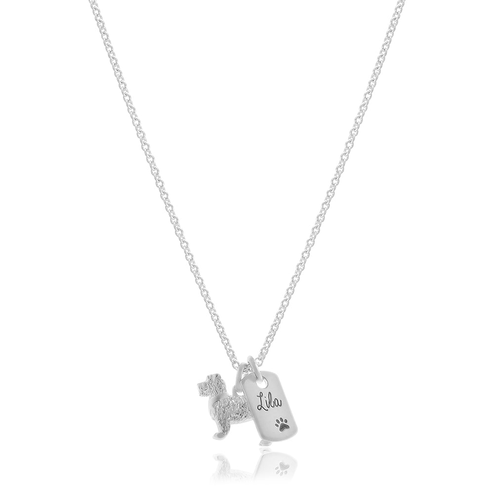 Miniature Schnauzer silver charm necklace engraved gift for pet loss from the dog Scarlett Jewellery UK