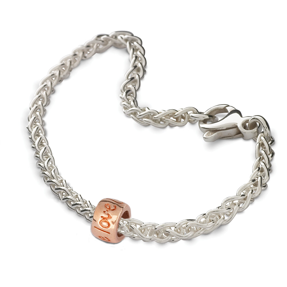 Personalised rose gold charm bead engraved bracelet recycled silver made in UK