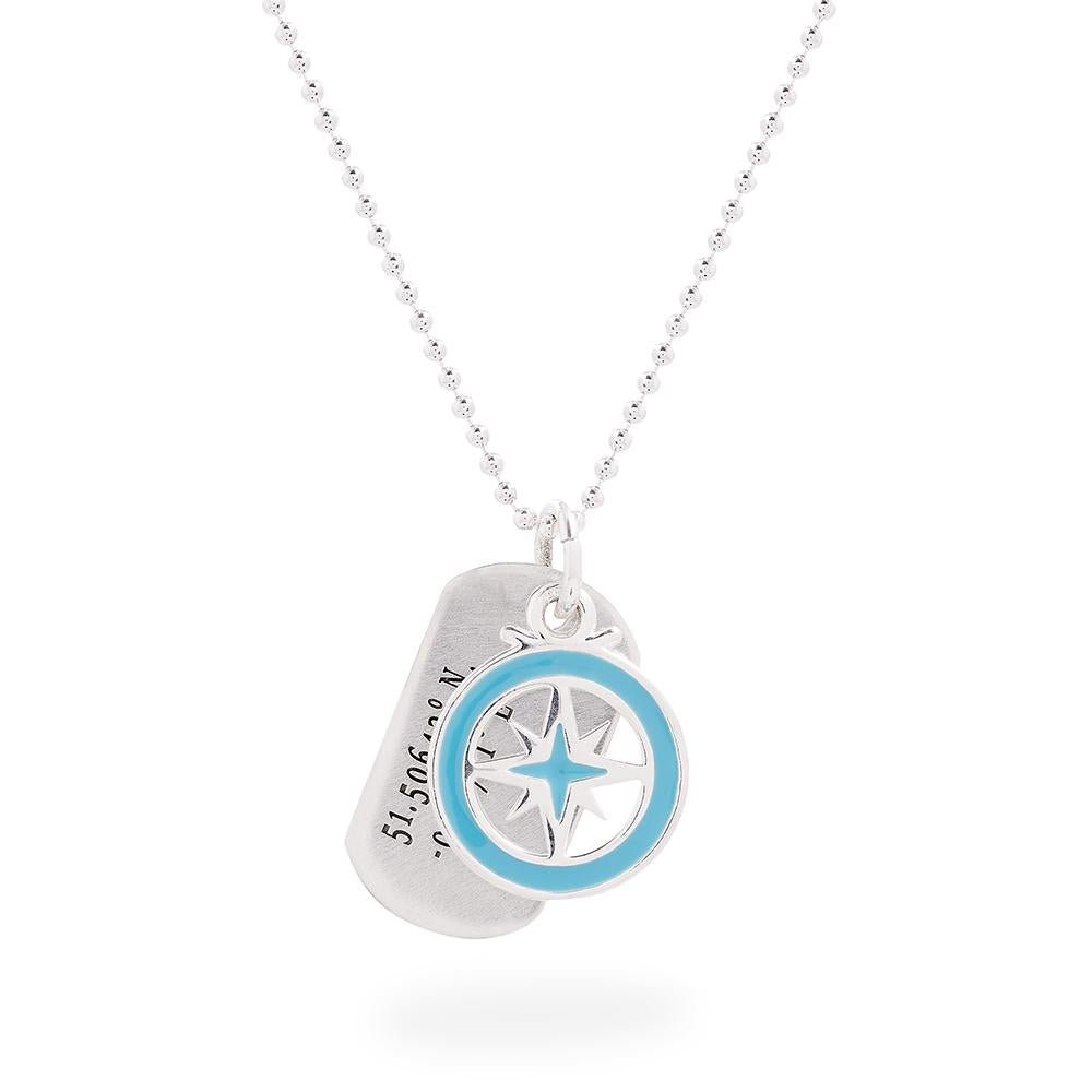 dog tag with travel coordinates engraved with compass enamel pendant mens gift necklace