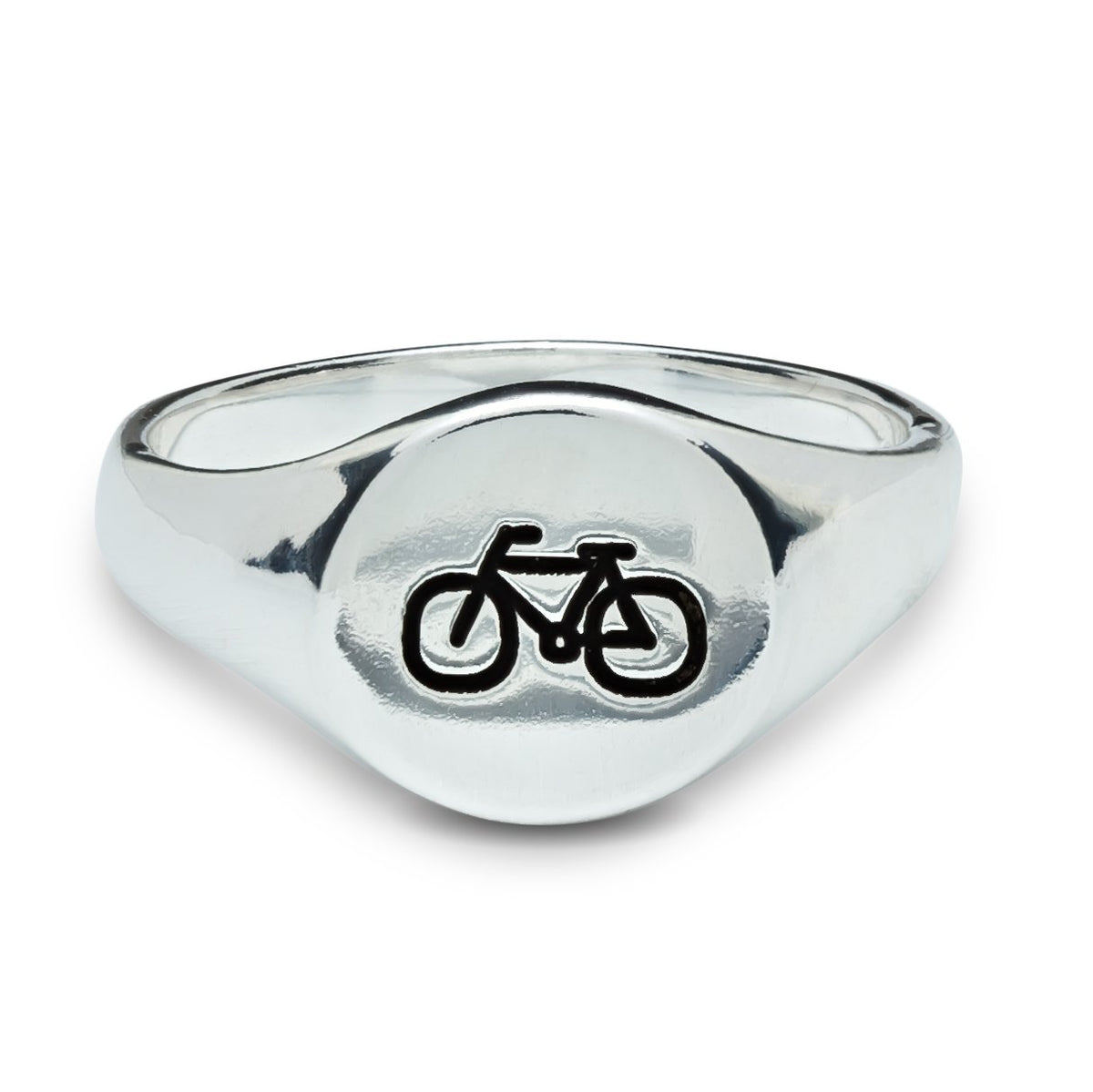 Silver Cyclist Signet Ring for men and women engraved with bike symbol from Off The Map Brighton
