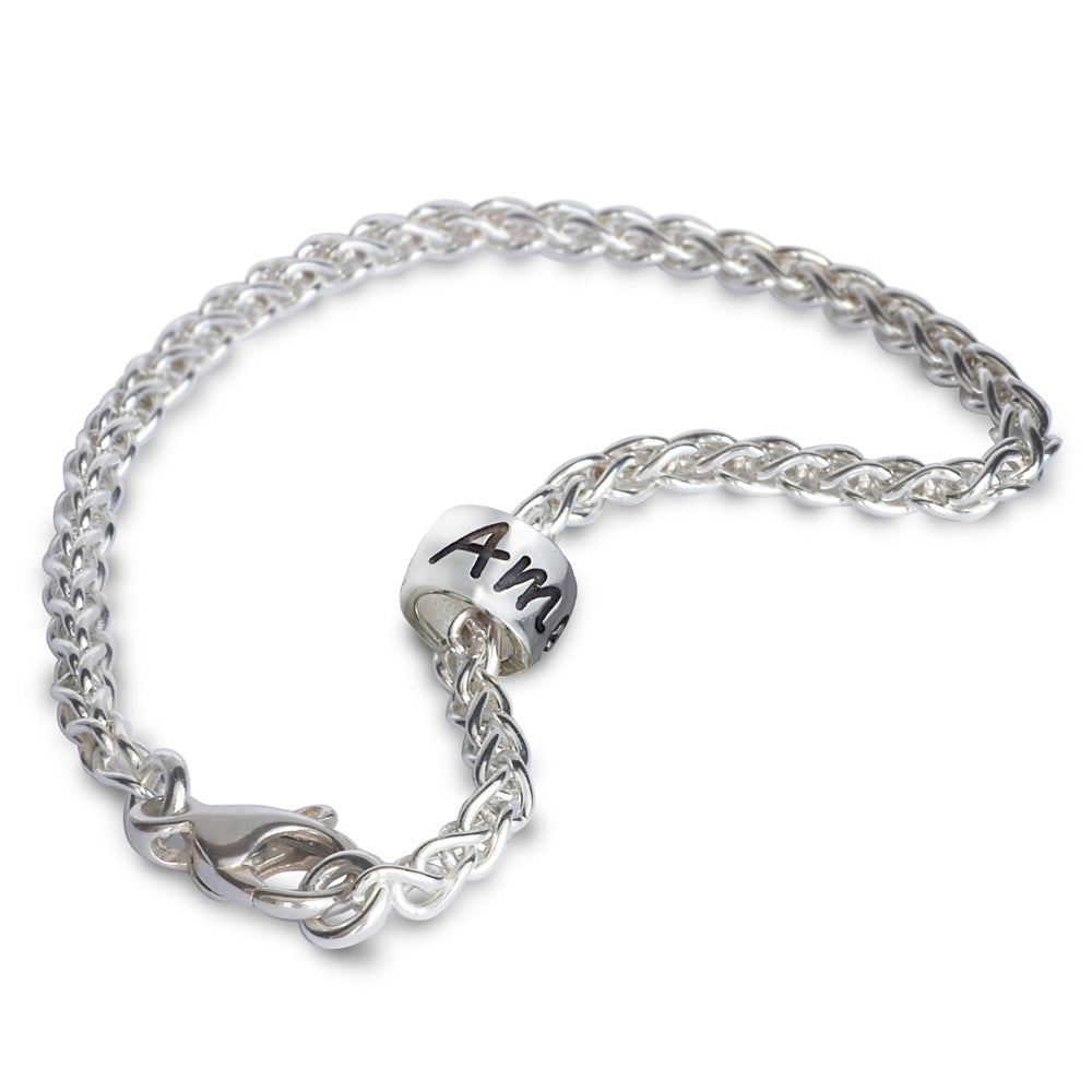 Personalised silver charm bead engraved bracelet recycled silver made in UK