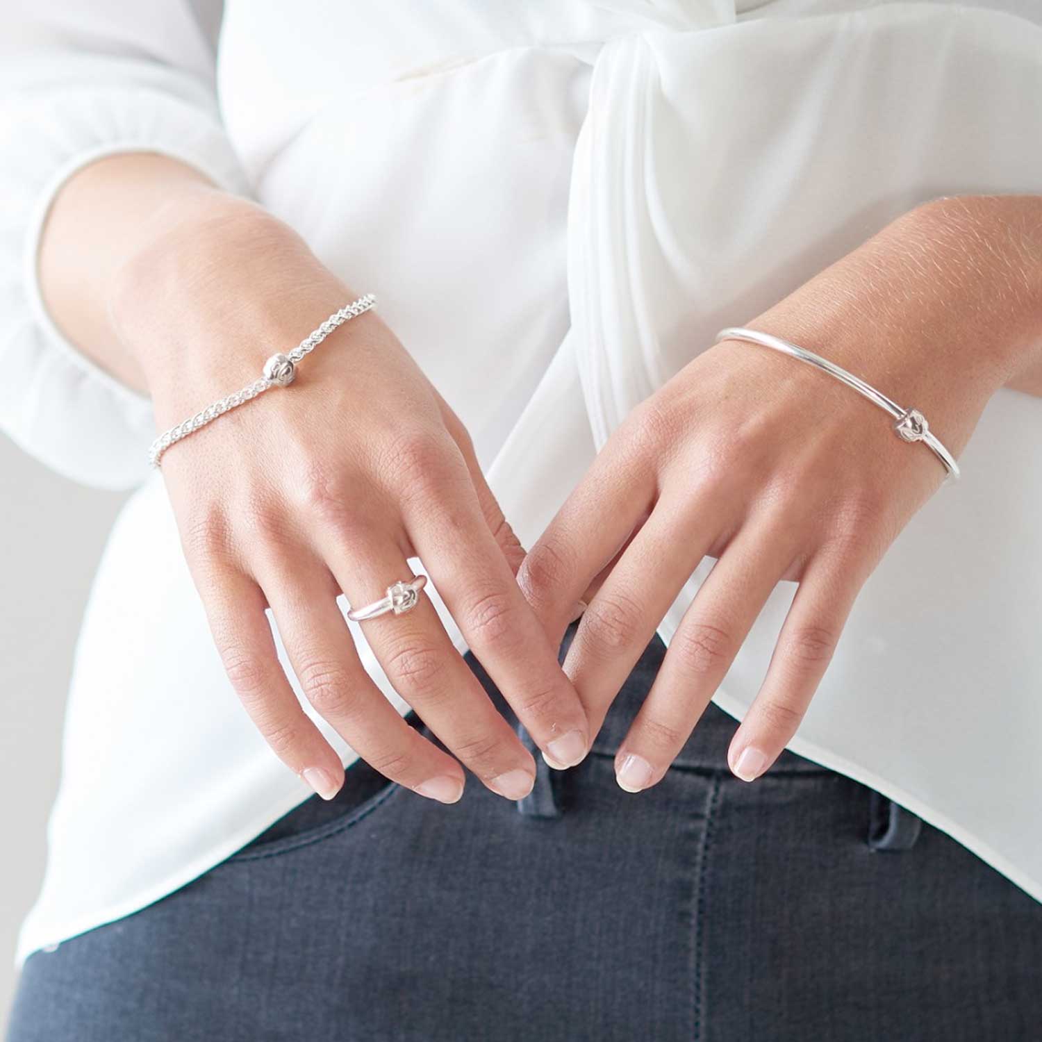 Que Sera Silver Worry Bead Bangle designer silver Mindfulness Gift Scarlett Jewellery