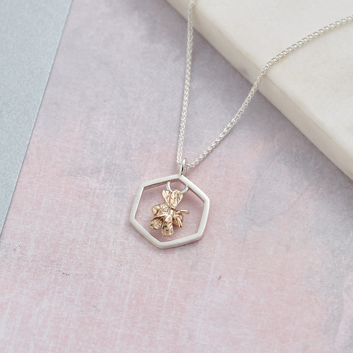 Tiny silver and gold honey bumble bee necklace scarlett jewellery