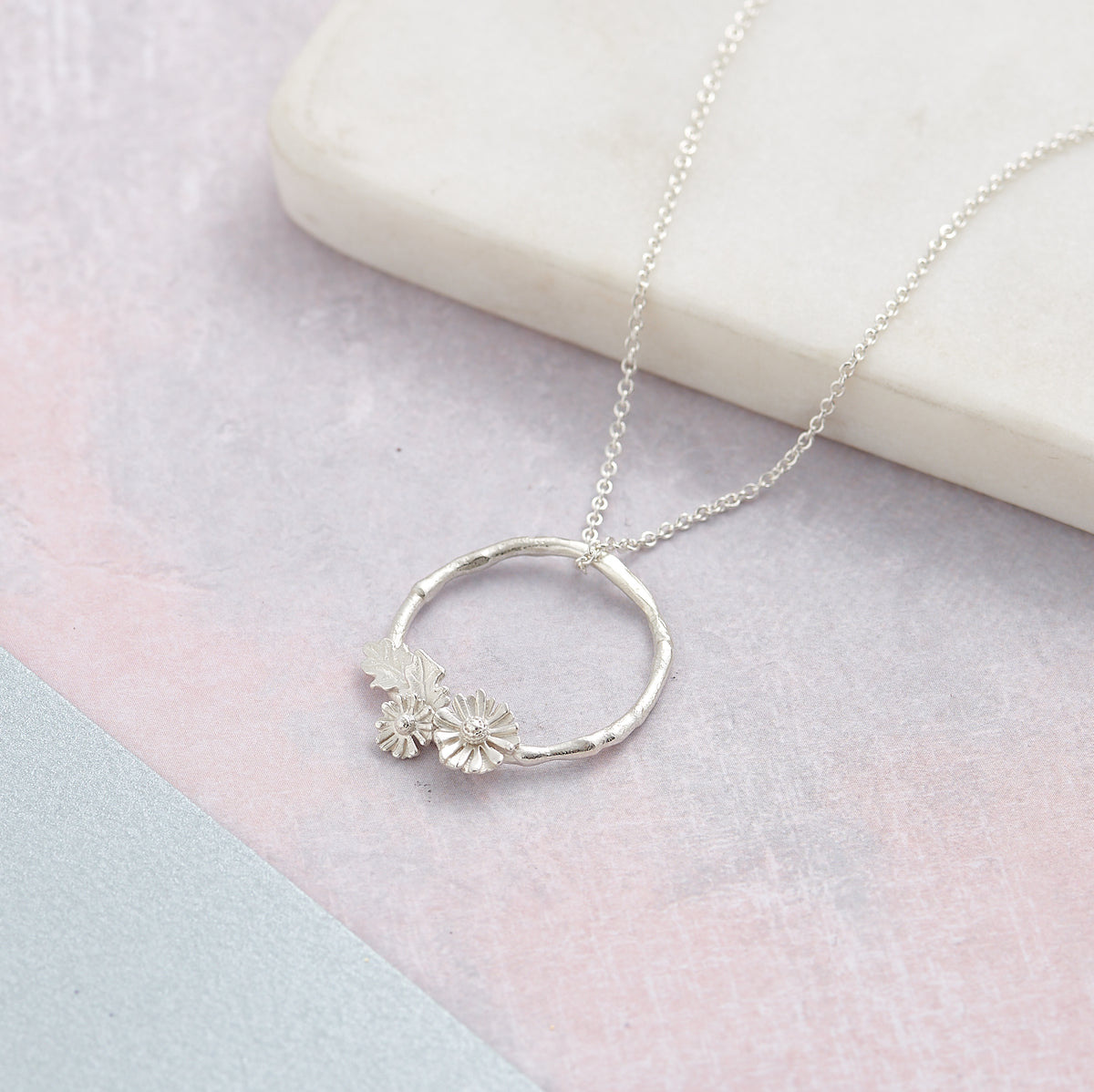 Solid silver daisy wreath necklace handmade pendant RHS Chelsea Flower Show Scarlett Jewellery