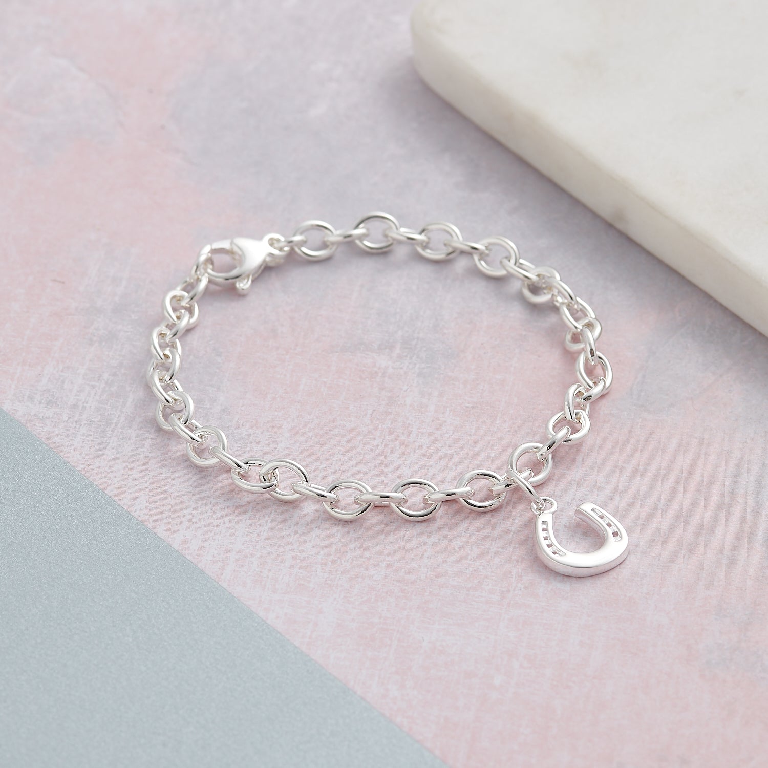 Solid sterling silver lucky horse shoe charm bracelet designer Scarlett Jewellery