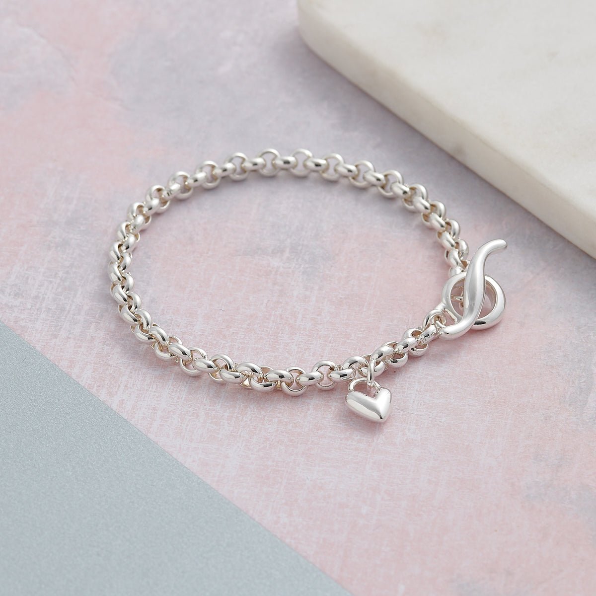 Solid sterling silver classic heart T-bar charm bracelet designer Scarlett Jewellery