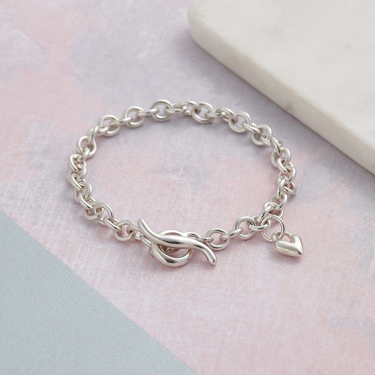 Solid sterling silver trace chain T-bar heart charm bracelet designer Scarlett Jewellery