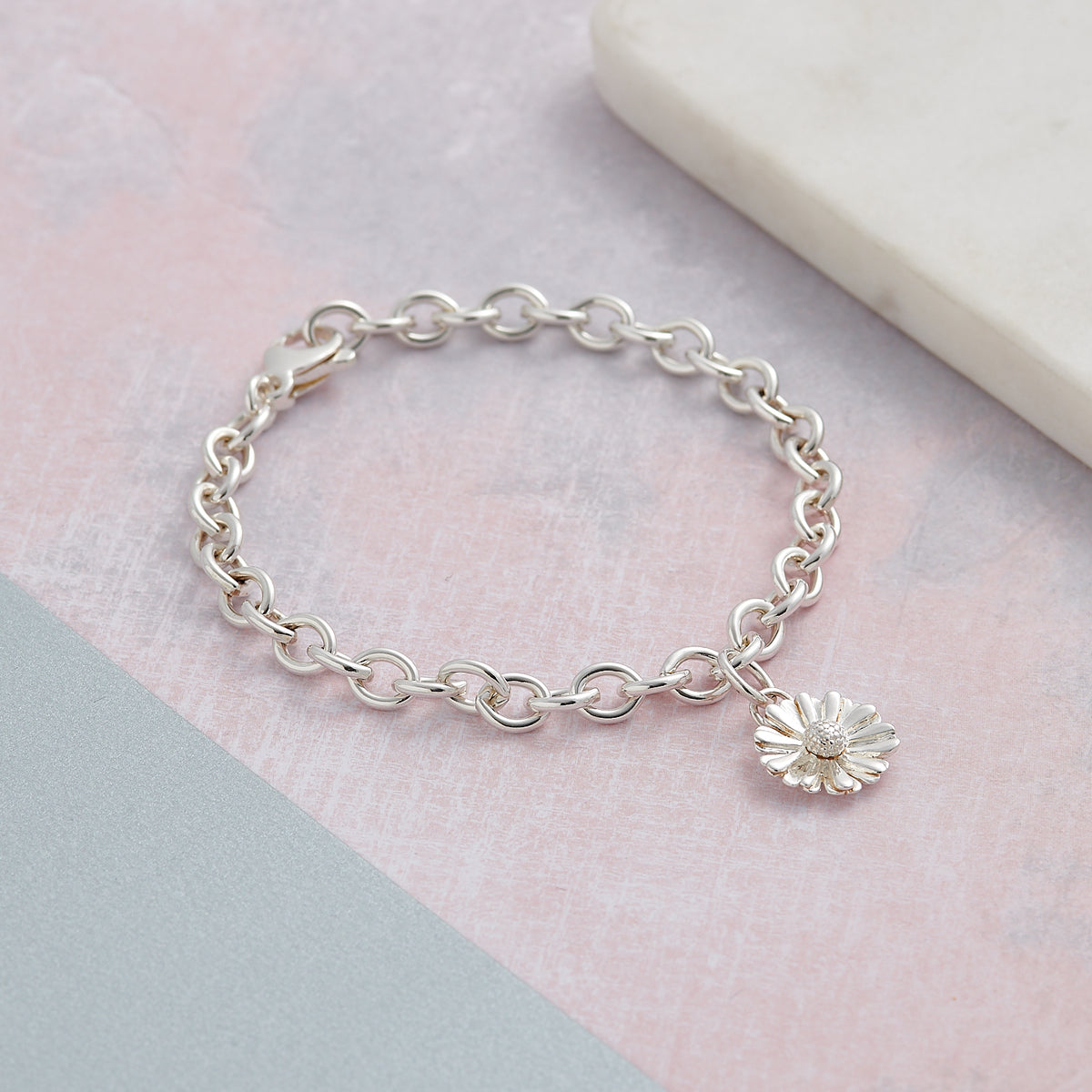 Solid sterling silver daisy flower charm bracelet designer Scarlett Jewellery