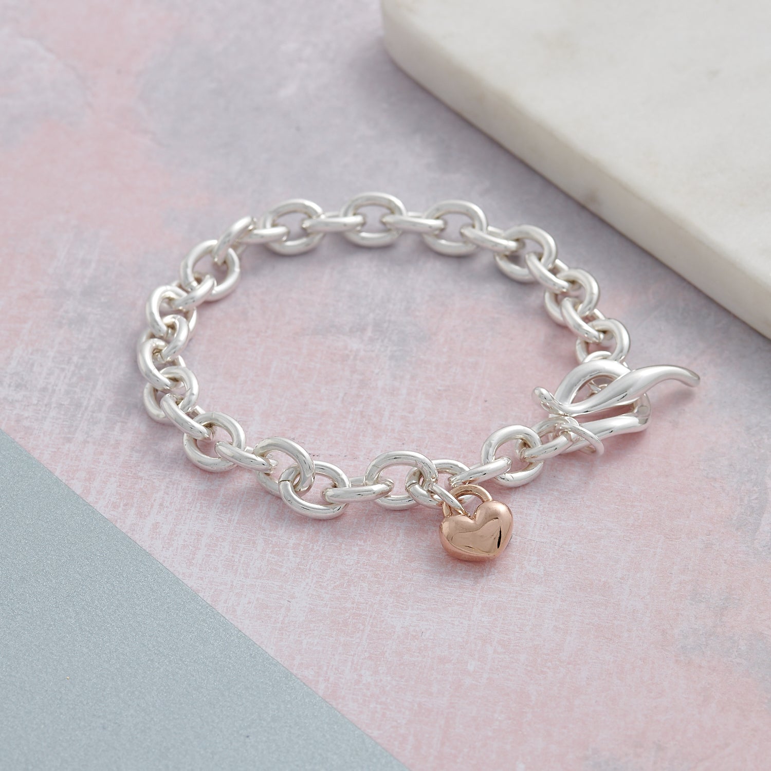 Solid sterling silver and solid rose gold heart traditional T-bar charm bracelet designer Scarlett Jewellery