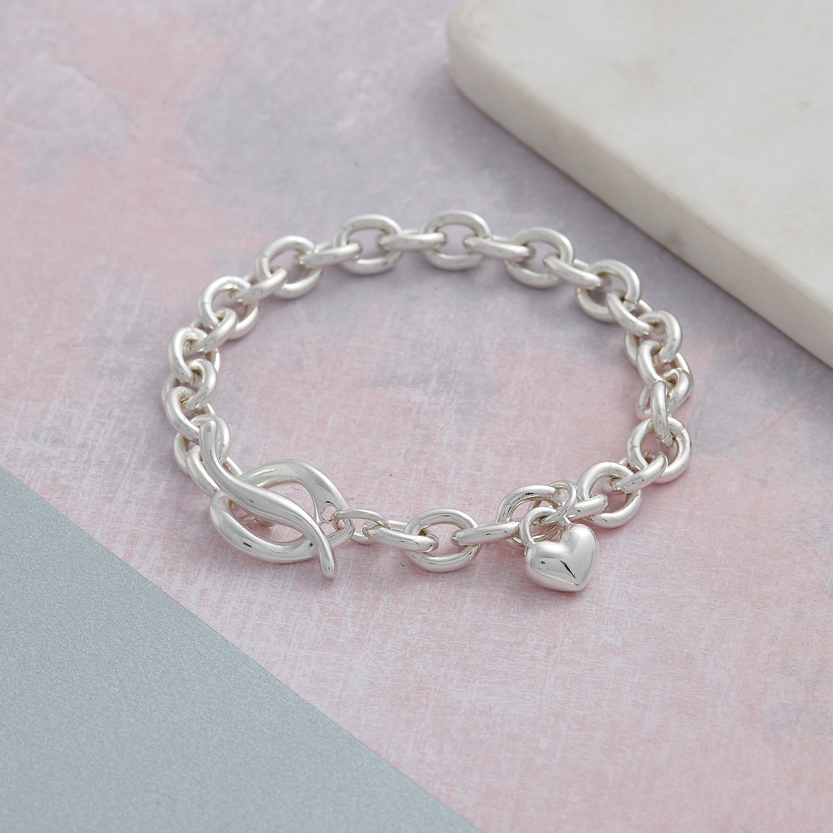 Solid sterling silver heart chunky T-bar traditional charm bracelet designer Scarlett Jewellery