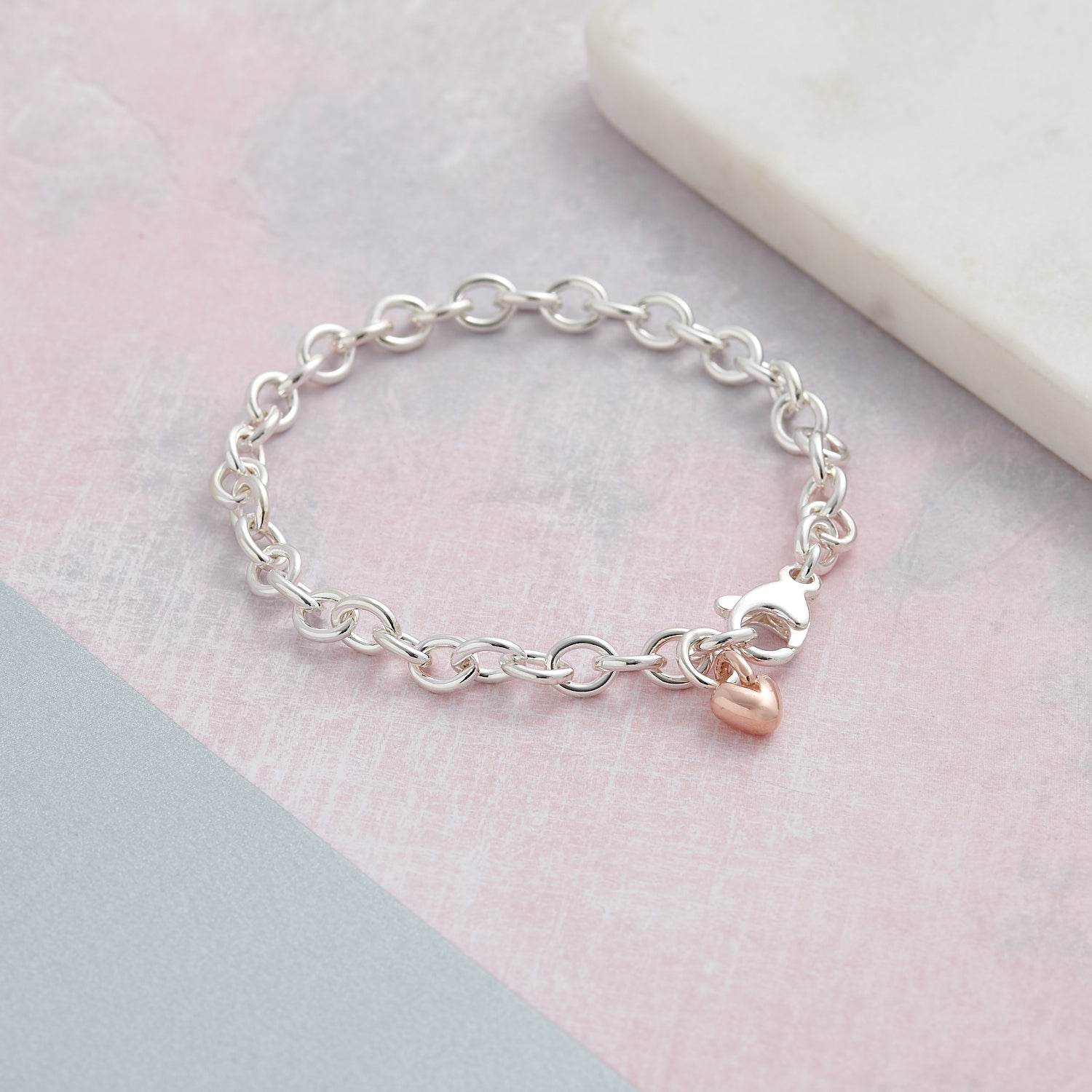 Solid sterling silver solid rose gold heart charm bracelet designer Scarlett Jewellery