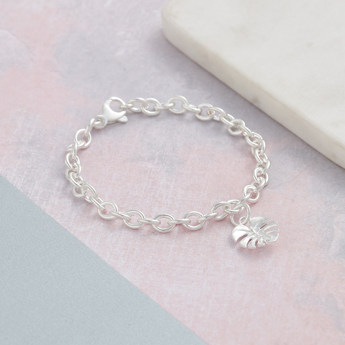 Solid sterling silver monstera leaf charm bracelet designer Scarlett Jewellery