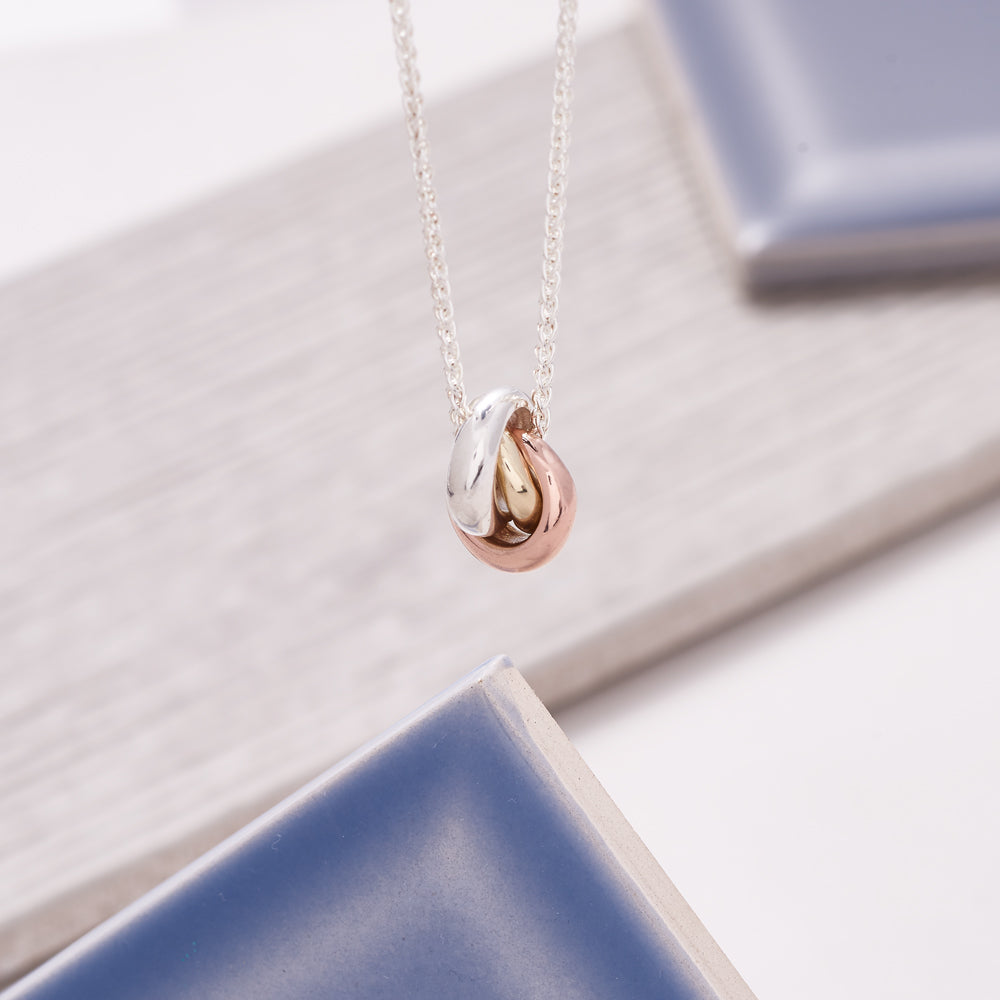 Eclipse trinity russian style necklace recycled gold rose gold silver loop pendant Scarlett Jewellery UK