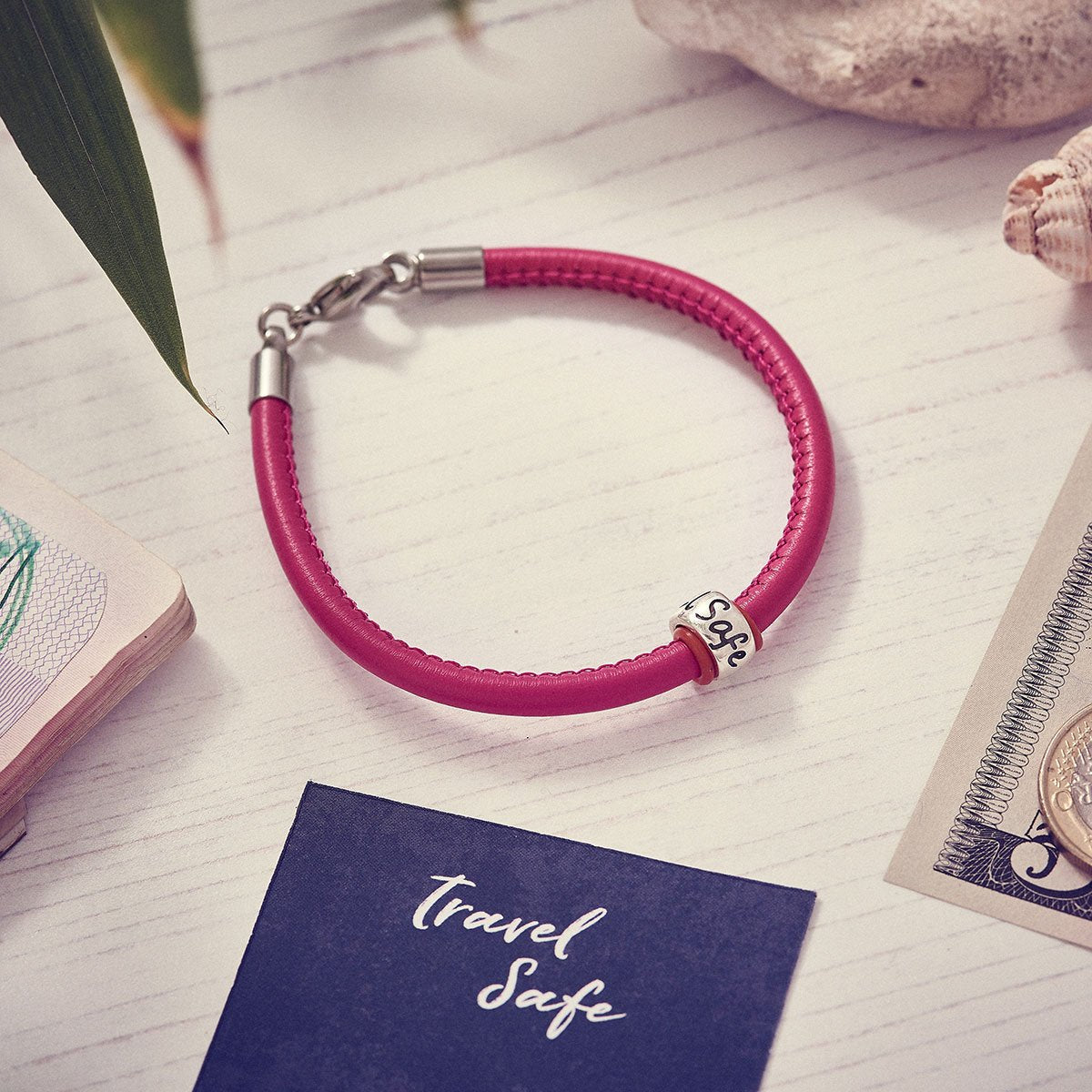 Travel Safe Silver &amp; Italian Stitched Leather Bracelet Pink - alternative travel gift from Off The map Brighton