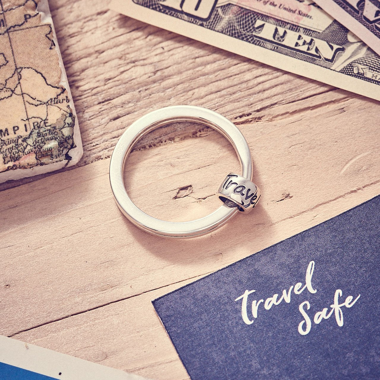 Solid silver Travel Safe keyring, gift idea for someone going travelling
