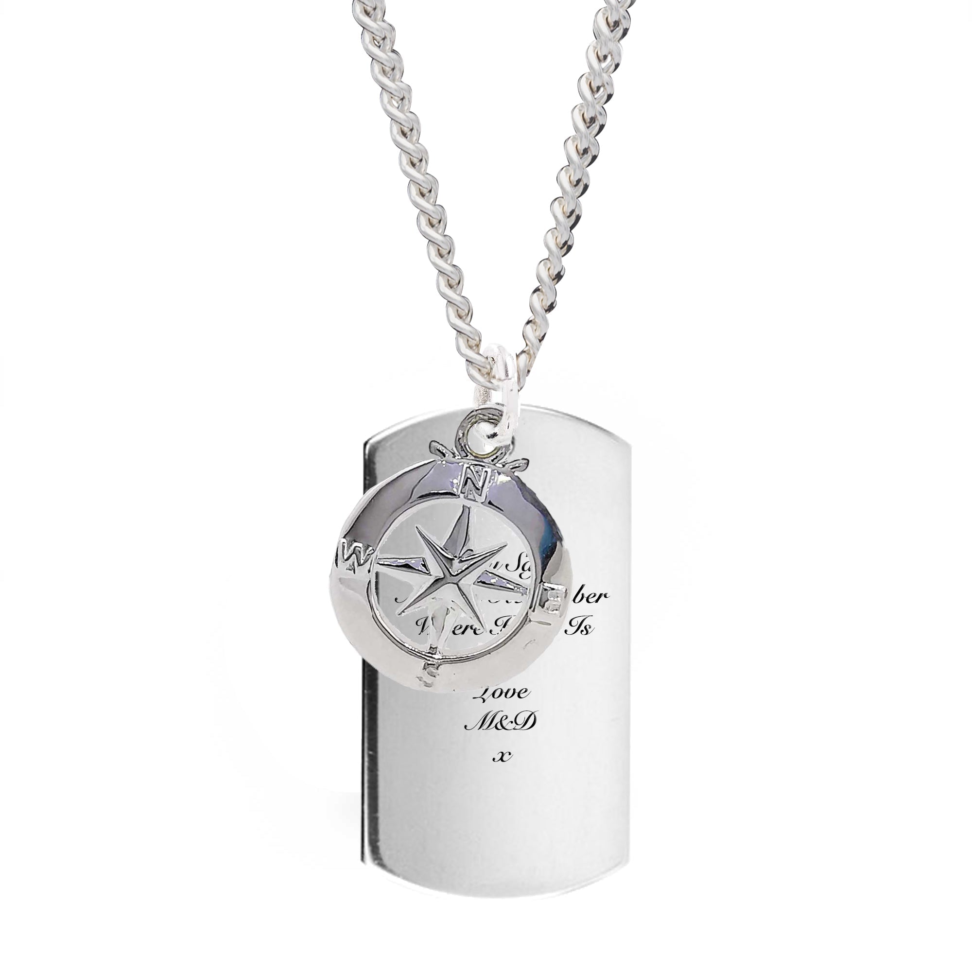 Collier d’étiquette de chien en argent recyclé XL avec boussole en émail