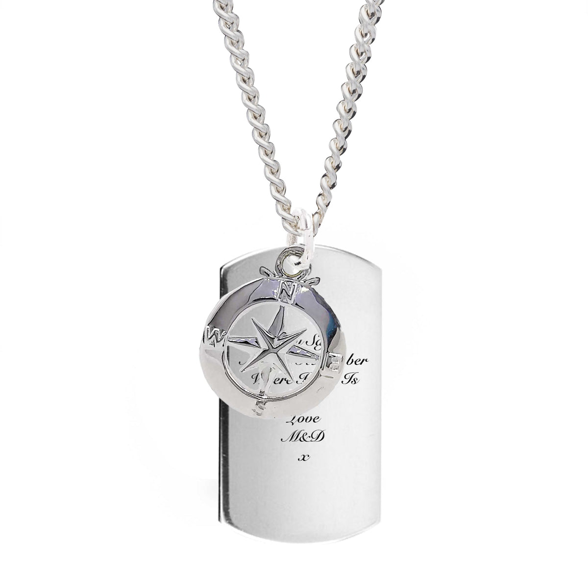 X-L Recycled Silver Dog Tag  Necklace With Enamel Compass