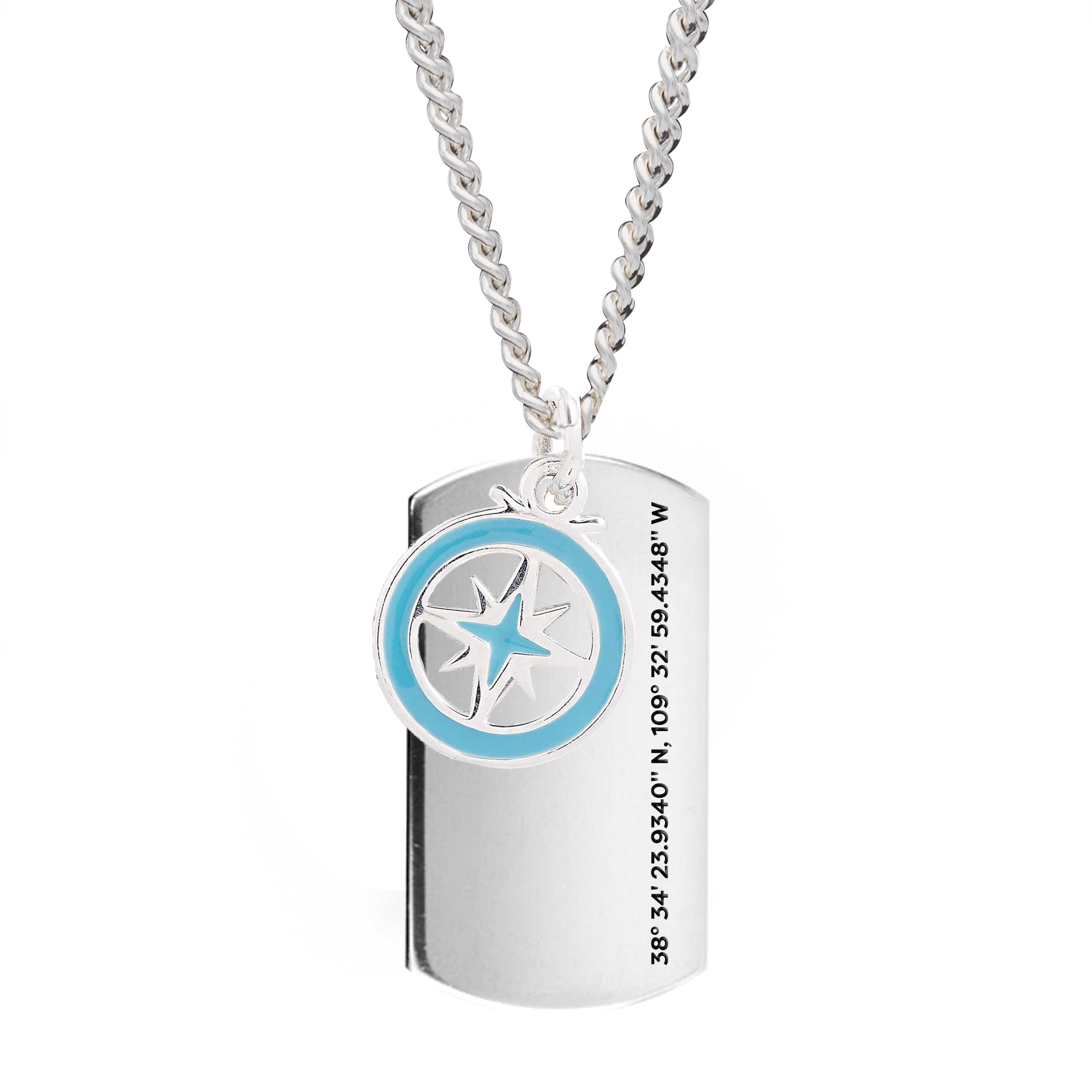 Collier d’étiquette de chien en argent recyclé XL avec boussole en émail