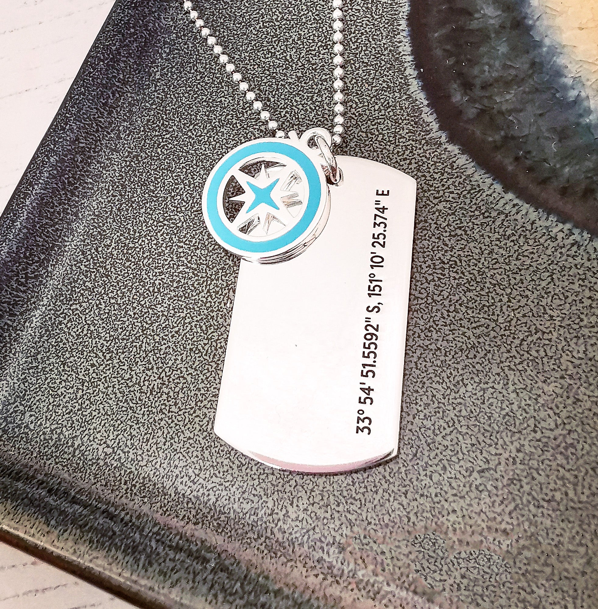 recycled silver mens necklace engraved coordinates
