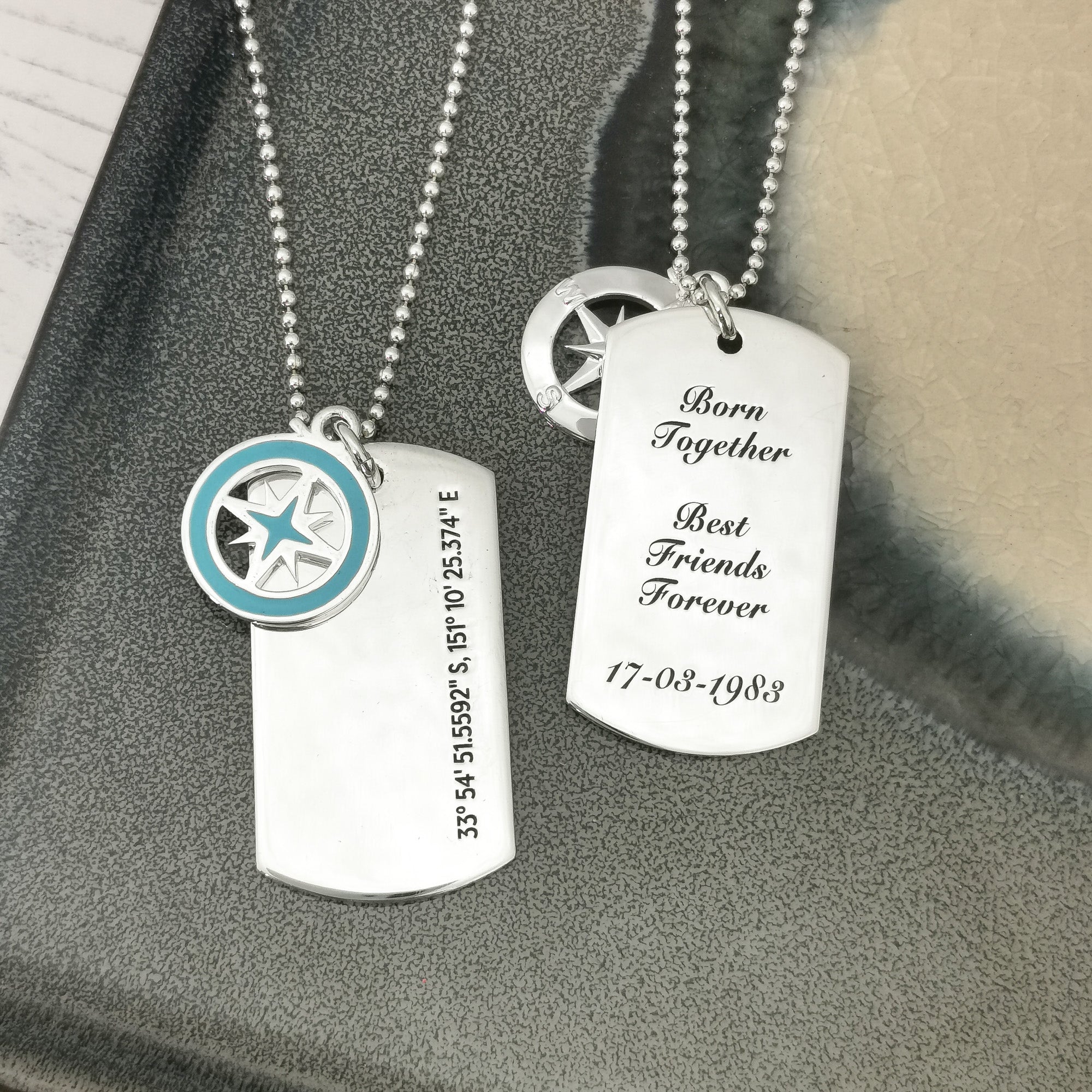 recycled silver mens necklace engraved coordinates