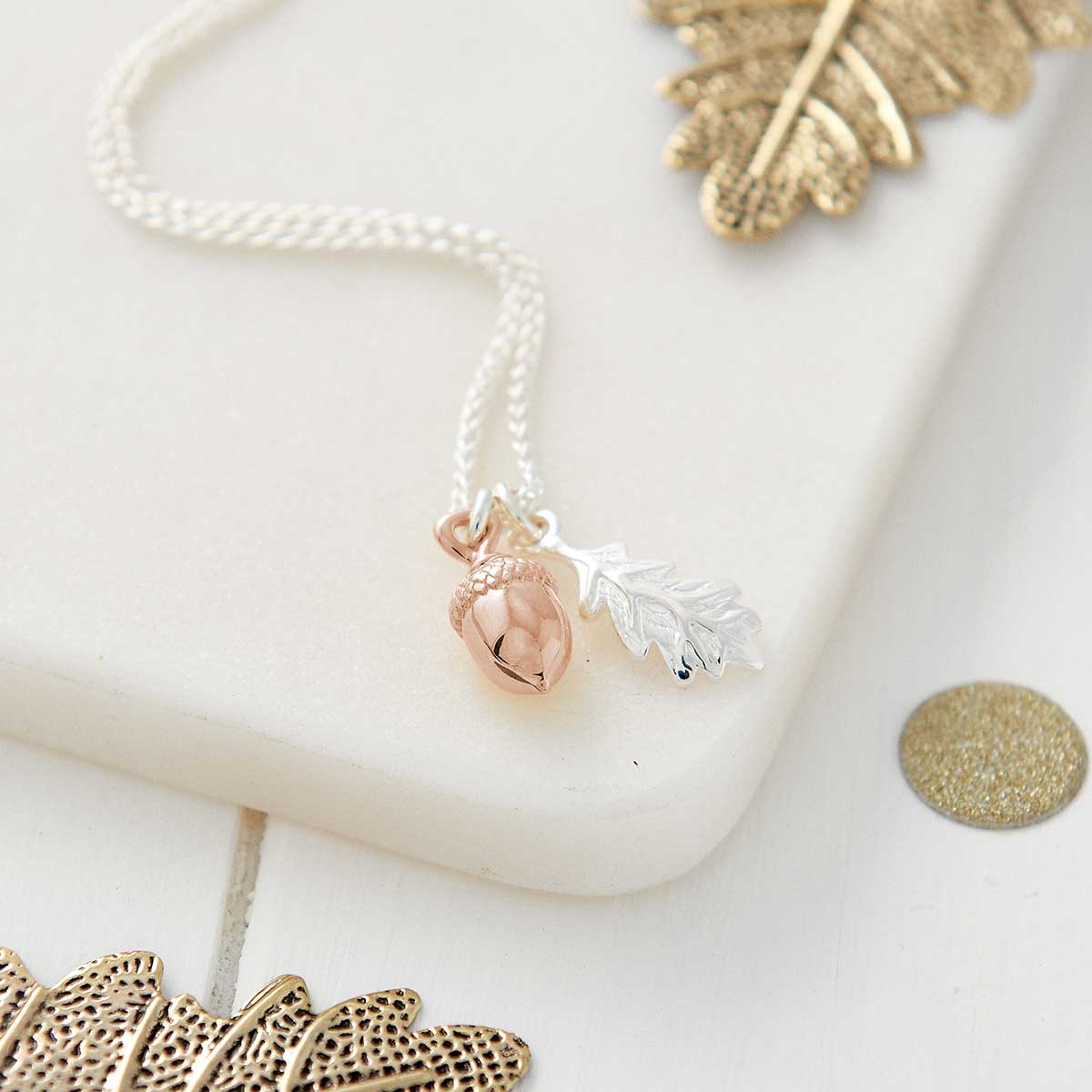 rose gold acorn and silver oak leaf necklace